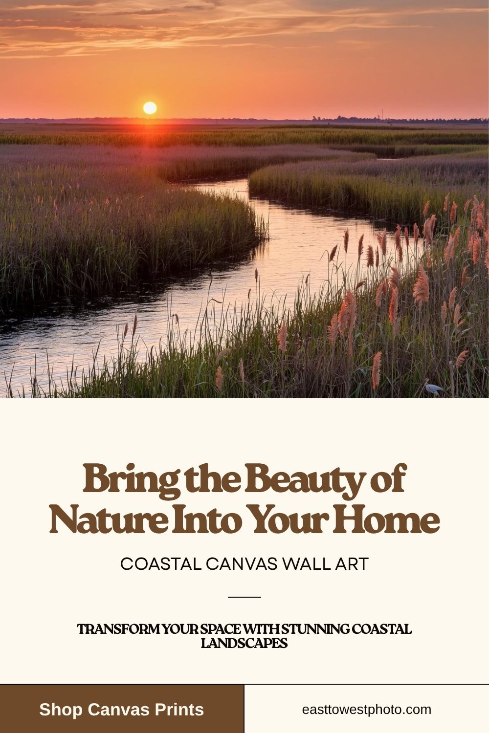 Coastal sunset marsh canvas wall art — golden hour over winding creek and marsh grasses by East to West Photo