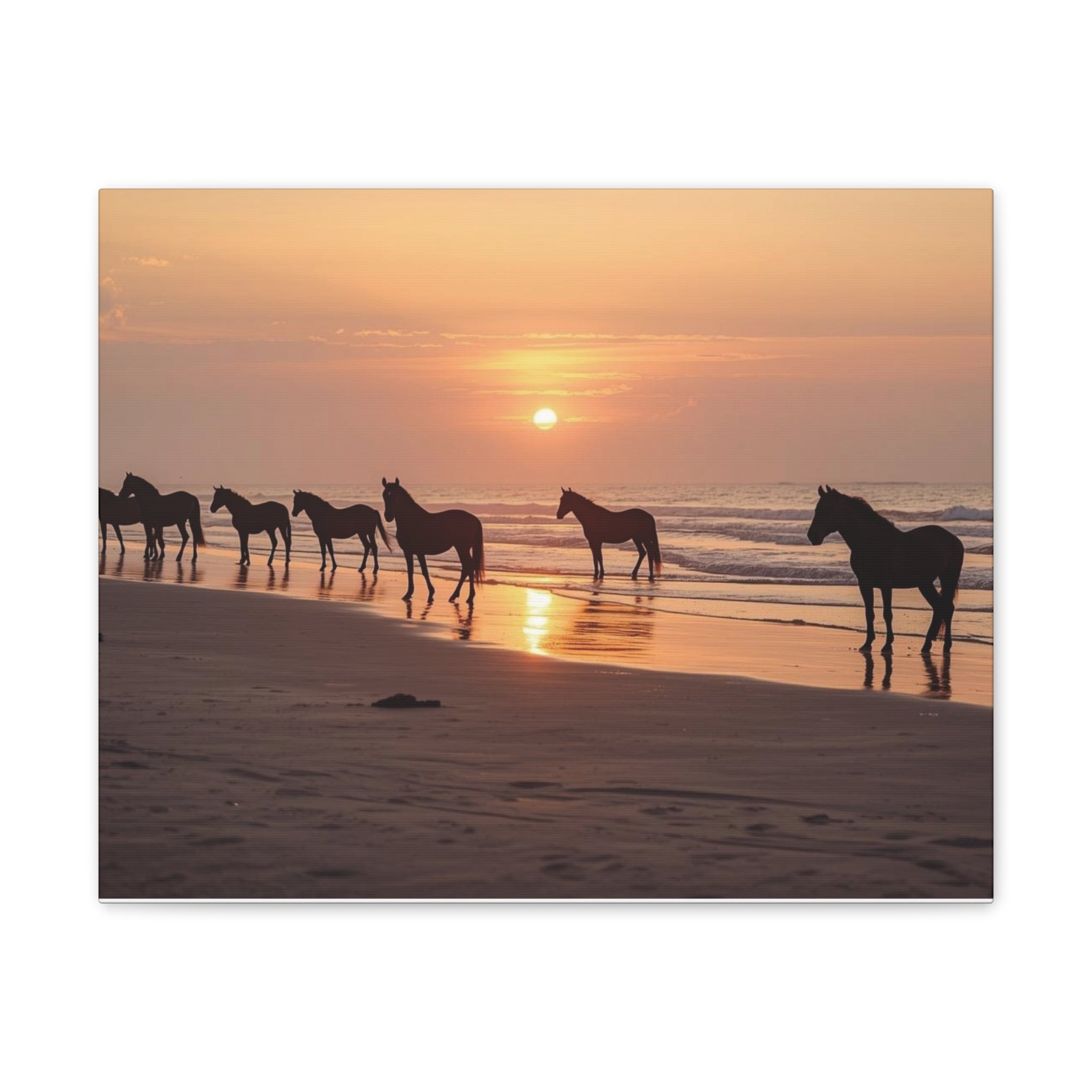 Wild Horses at Sunset Canvas Wall Art — Beach Sunrise Photography Print