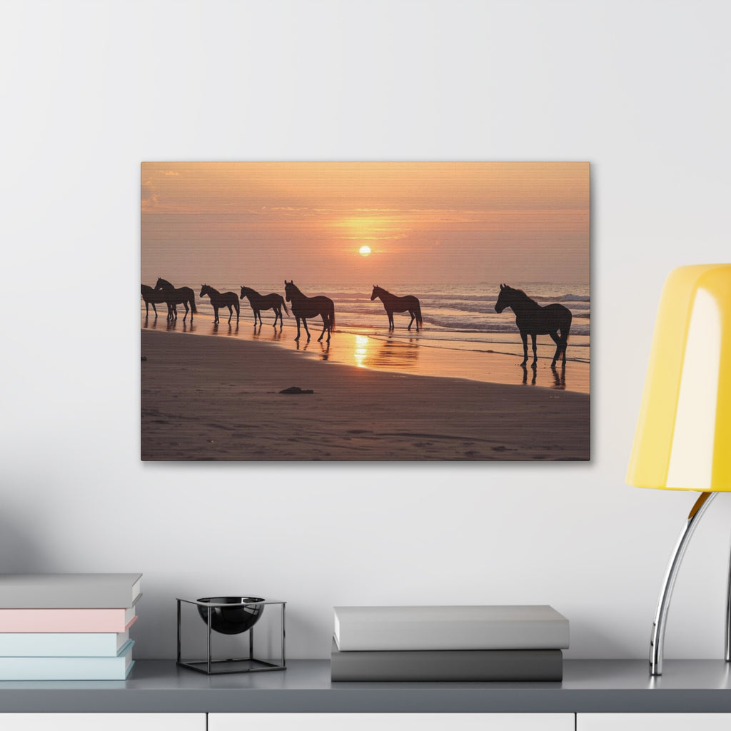 Wild Horses at Sunset Canvas Wall Art — Beach Sunrise Photography Print