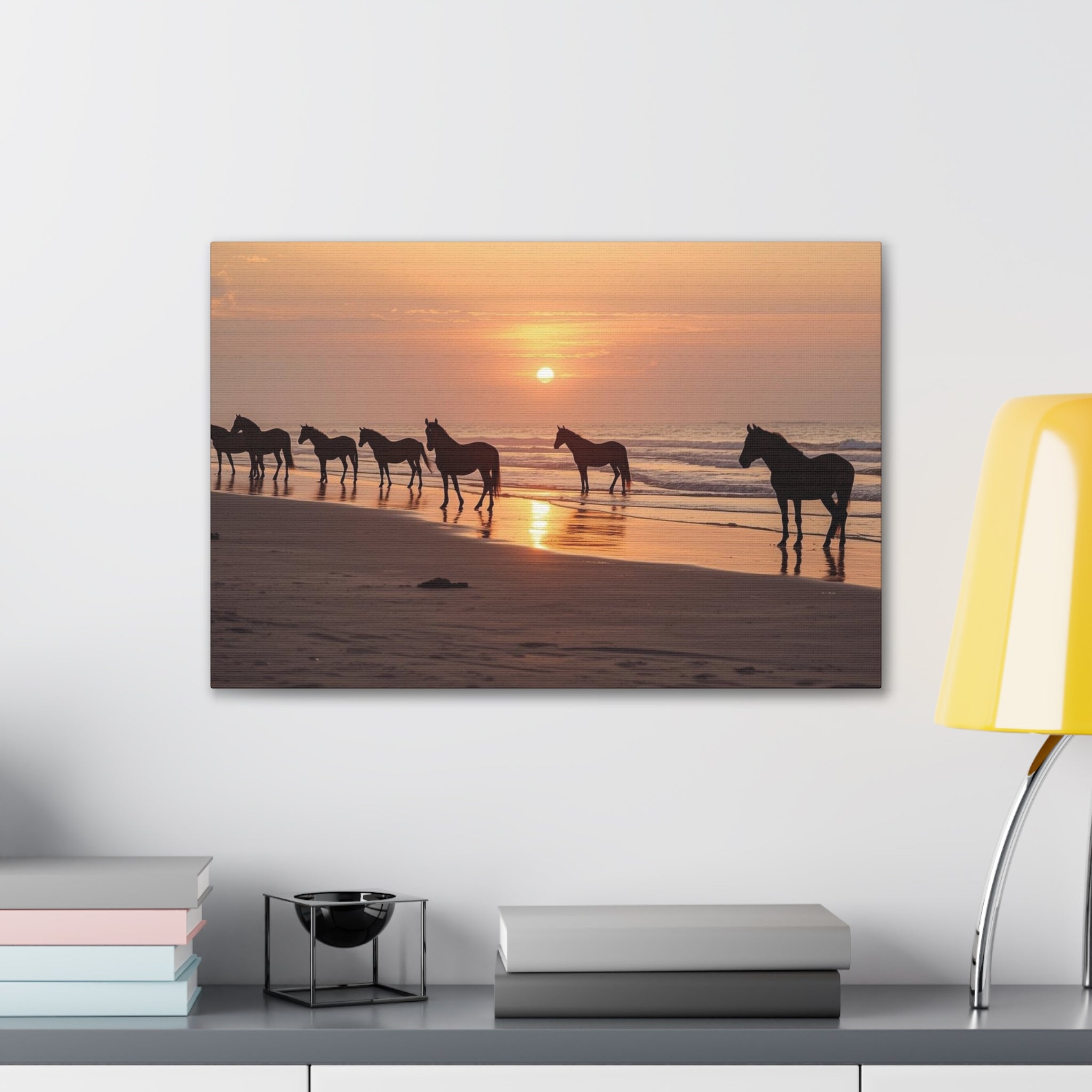 Wild Horses at Sunset Canvas Wall Art — Beach Sunrise Photography Print