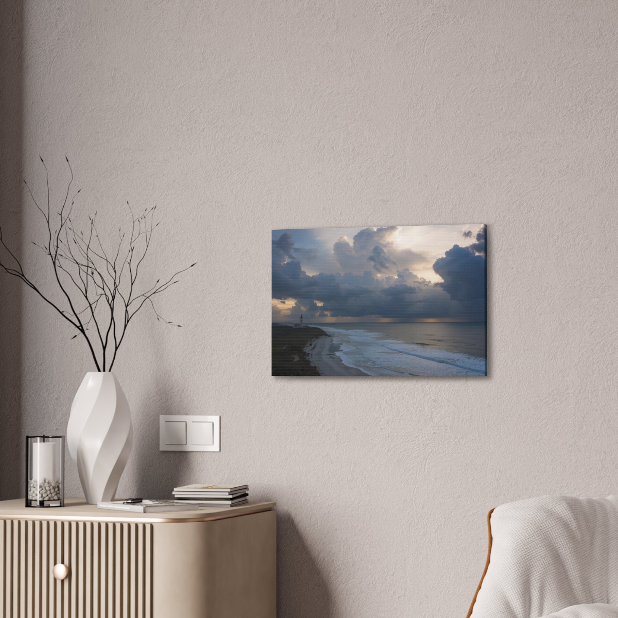Coastal Storm Canvas Print — Dramatic Beach Lighthouse Wall Art