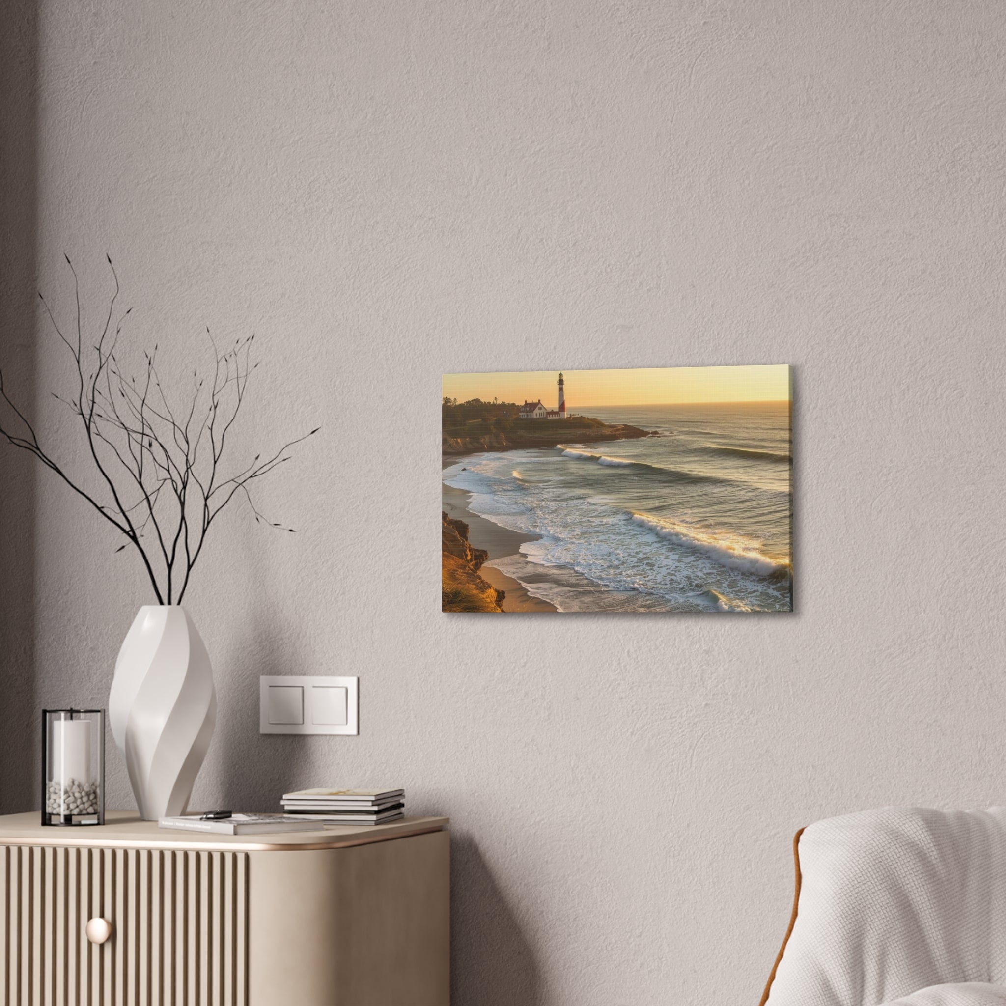 Coastal Lighthouse Sunrise Canvas Wall Art — Ocean Waves Seascape Print
