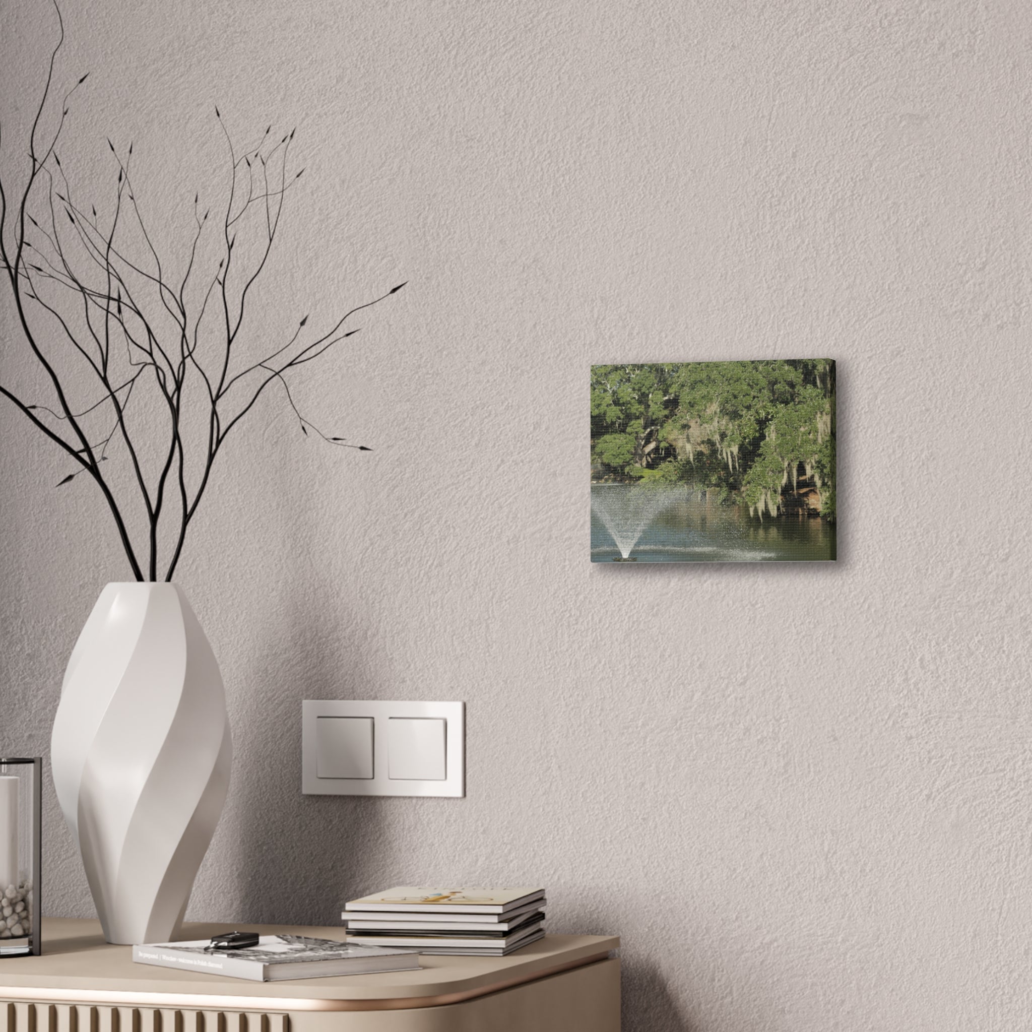 Lake Fountain Canvas Wall Art — Mossy Oak Trees & Fountain Stretched Canvas