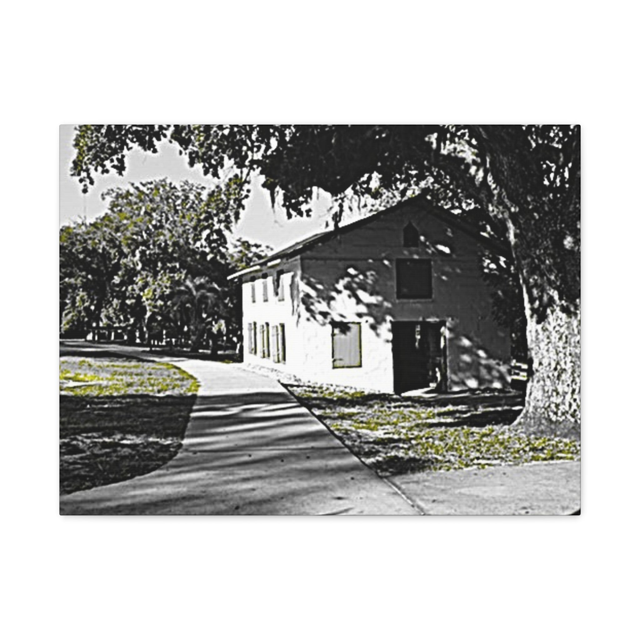 Vintage Campus House Matte Canvas Wall Art — Black & White Landscape Print