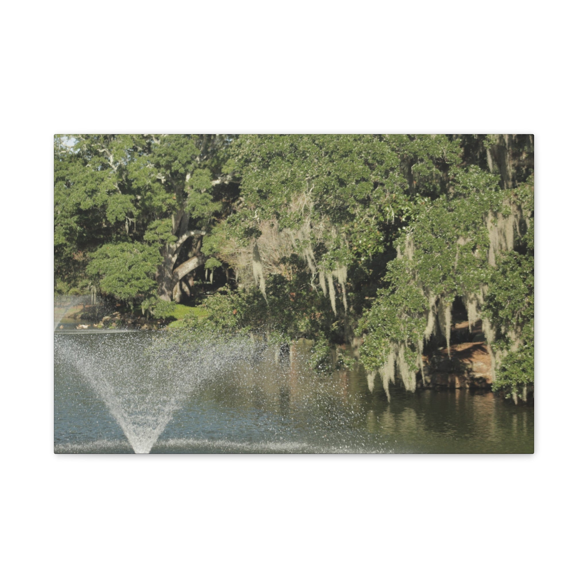 Lake Fountain Canvas Wall Art — Mossy Oak Trees & Fountain Stretched Canvas