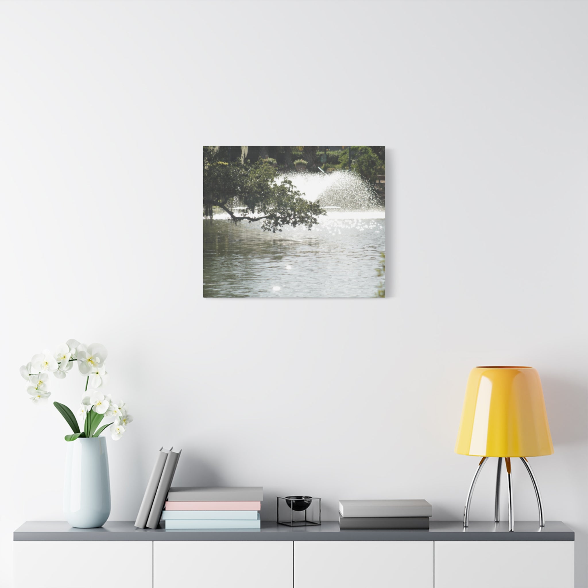 Lake Fountain Matte Canvas Print — Serene Water Garden Wall Art, Stretched 1.25"