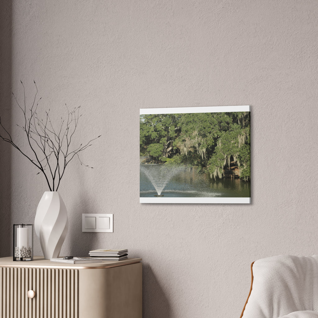 Lake Fountain Canvas Wall Art — Mossy Oak Trees & Fountain Stretched Canvas