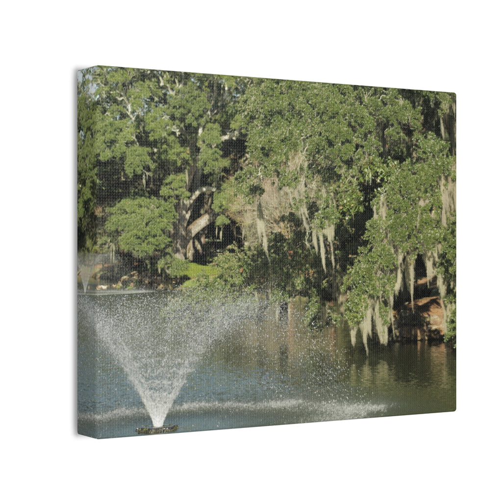Lake Fountain Canvas Wall Art — Mossy Oak Trees & Fountain Stretched Canvas