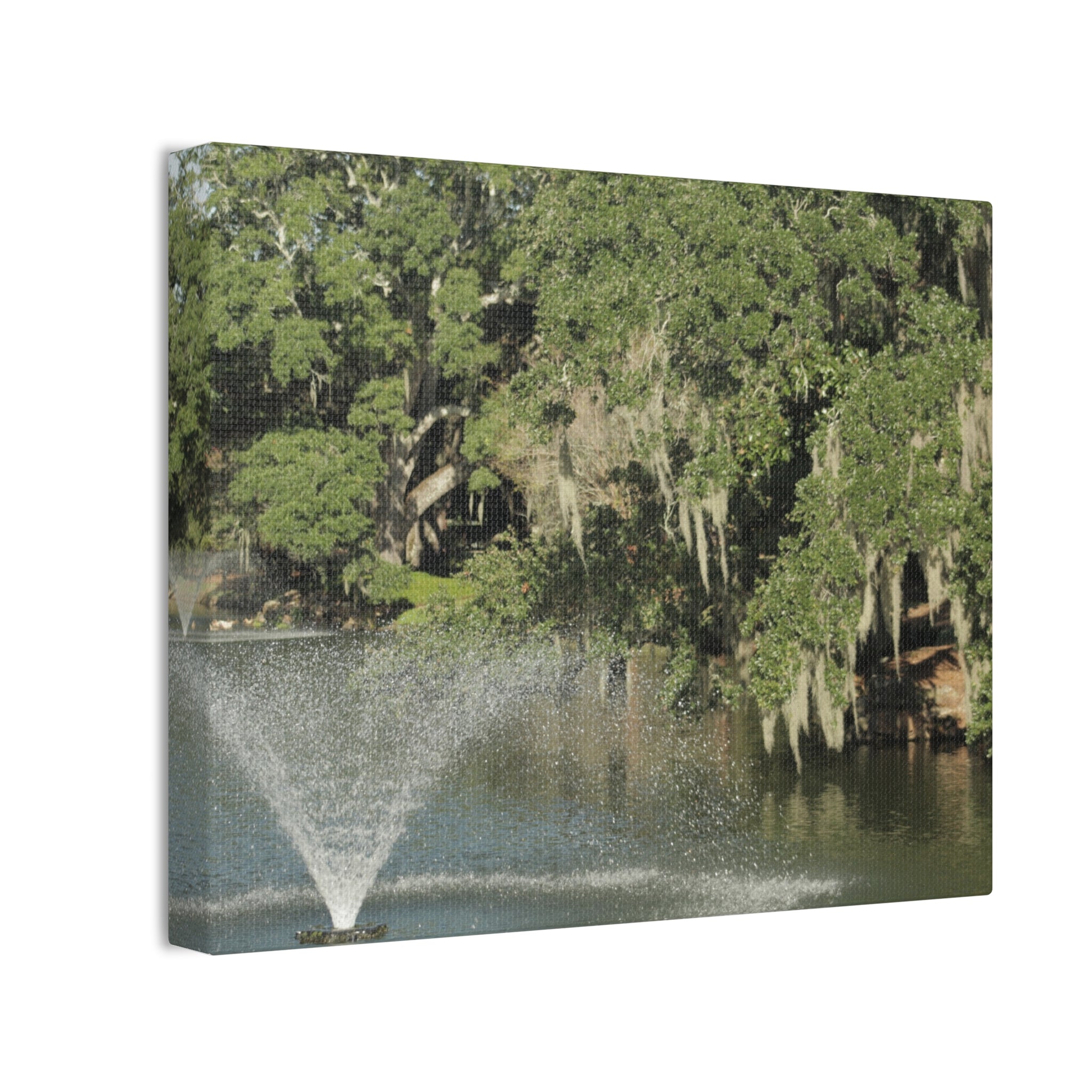 Lake Fountain Canvas Wall Art — Mossy Oak Trees & Fountain Stretched Canvas