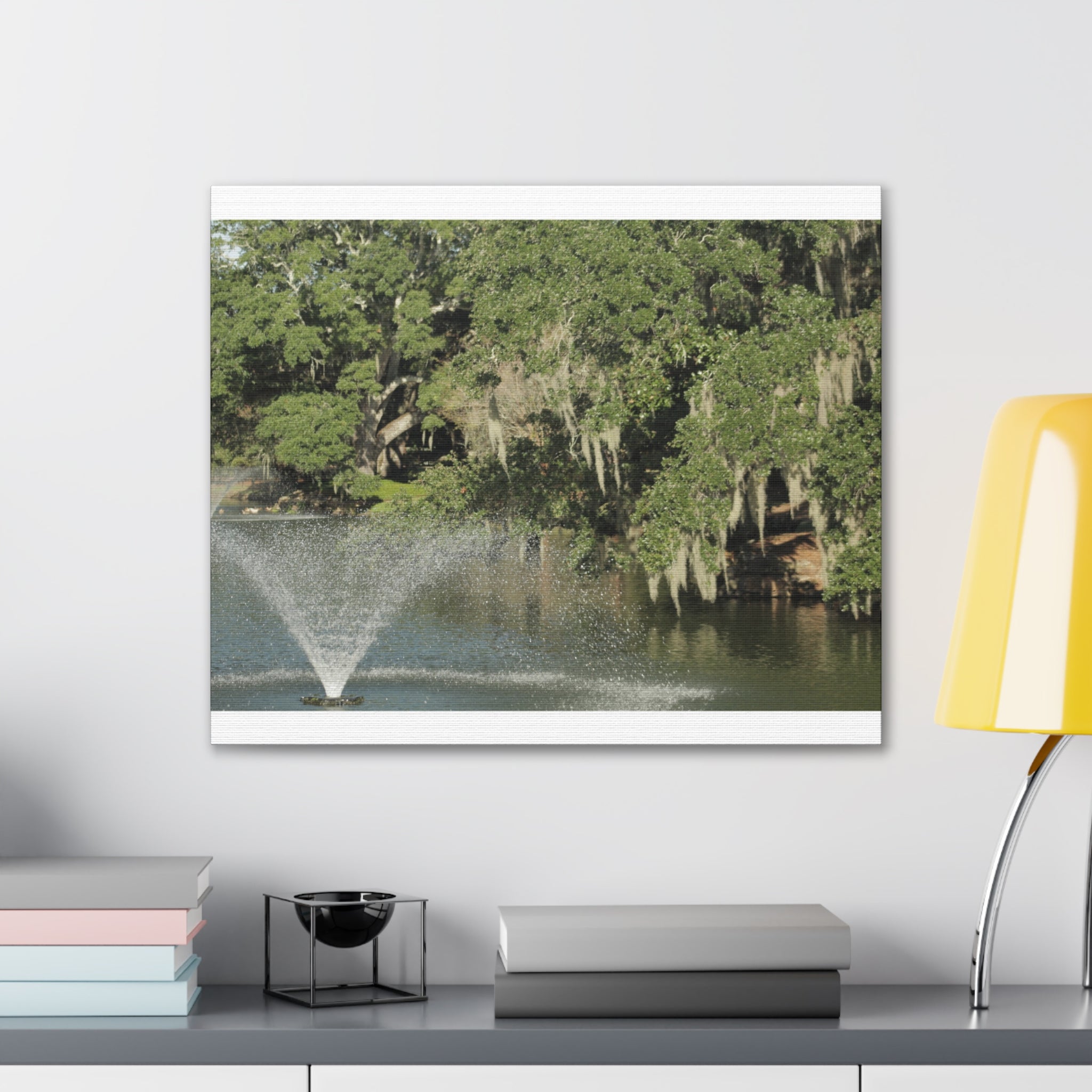 Lake Fountain Canvas Wall Art — Mossy Oak Trees & Fountain Stretched Canvas