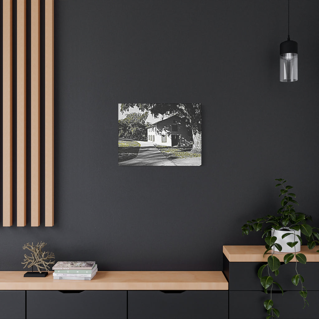 Vintage Campus House Matte Canvas Wall Art — Black & White Landscape Print