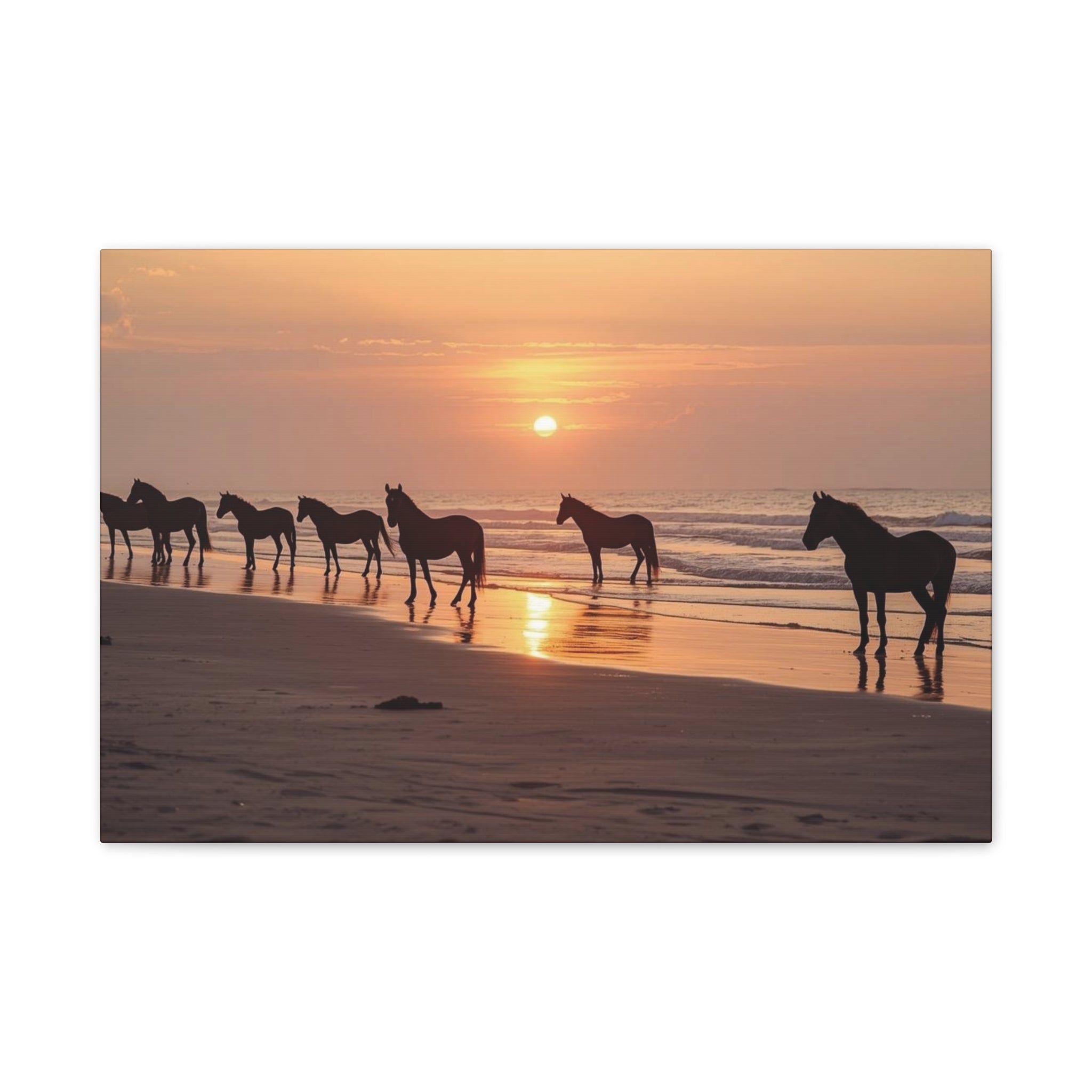 Wild Horses at Sunset Canvas Wall Art — Beach Sunrise Photography Print