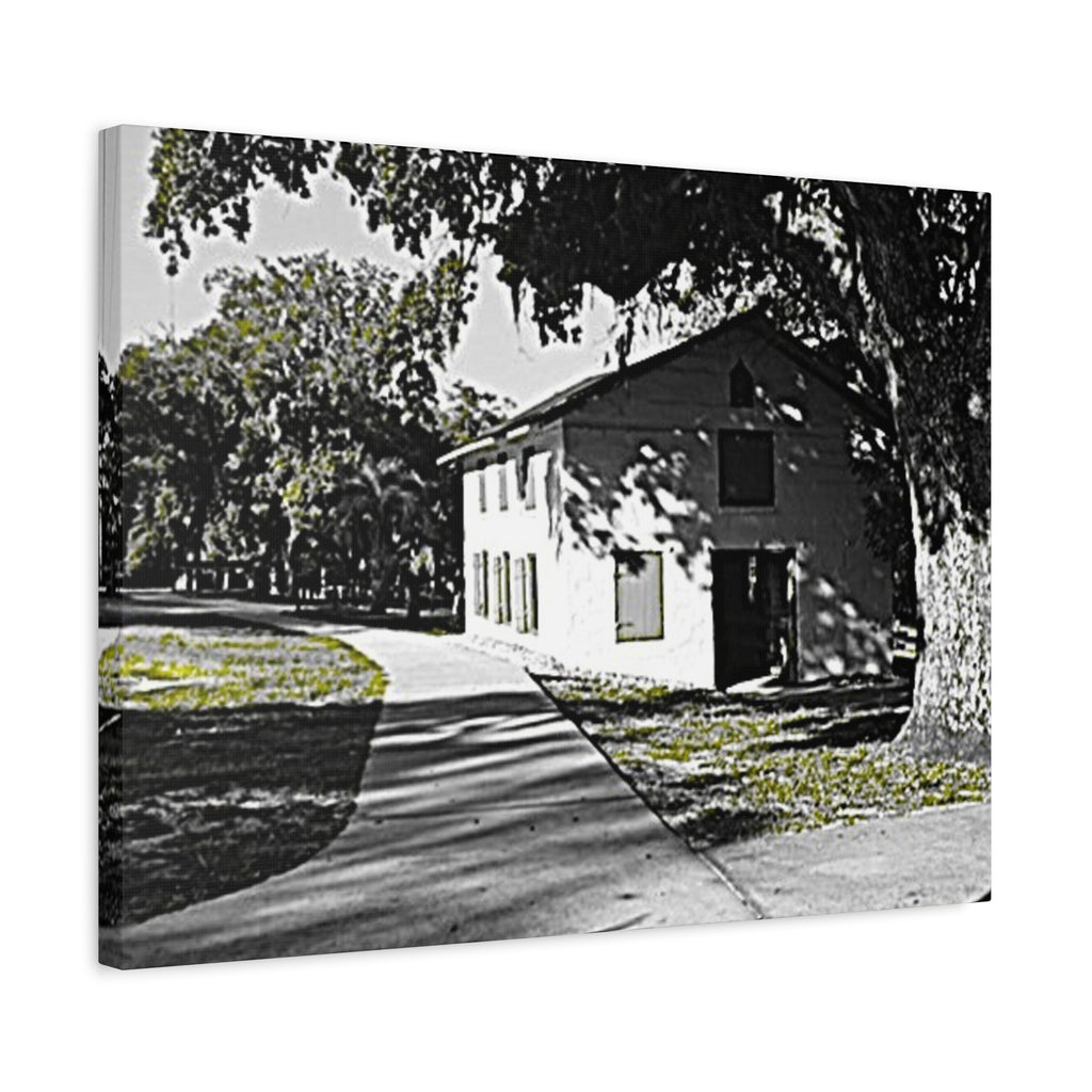 Vintage Campus House Matte Canvas Wall Art — Black & White Landscape Print