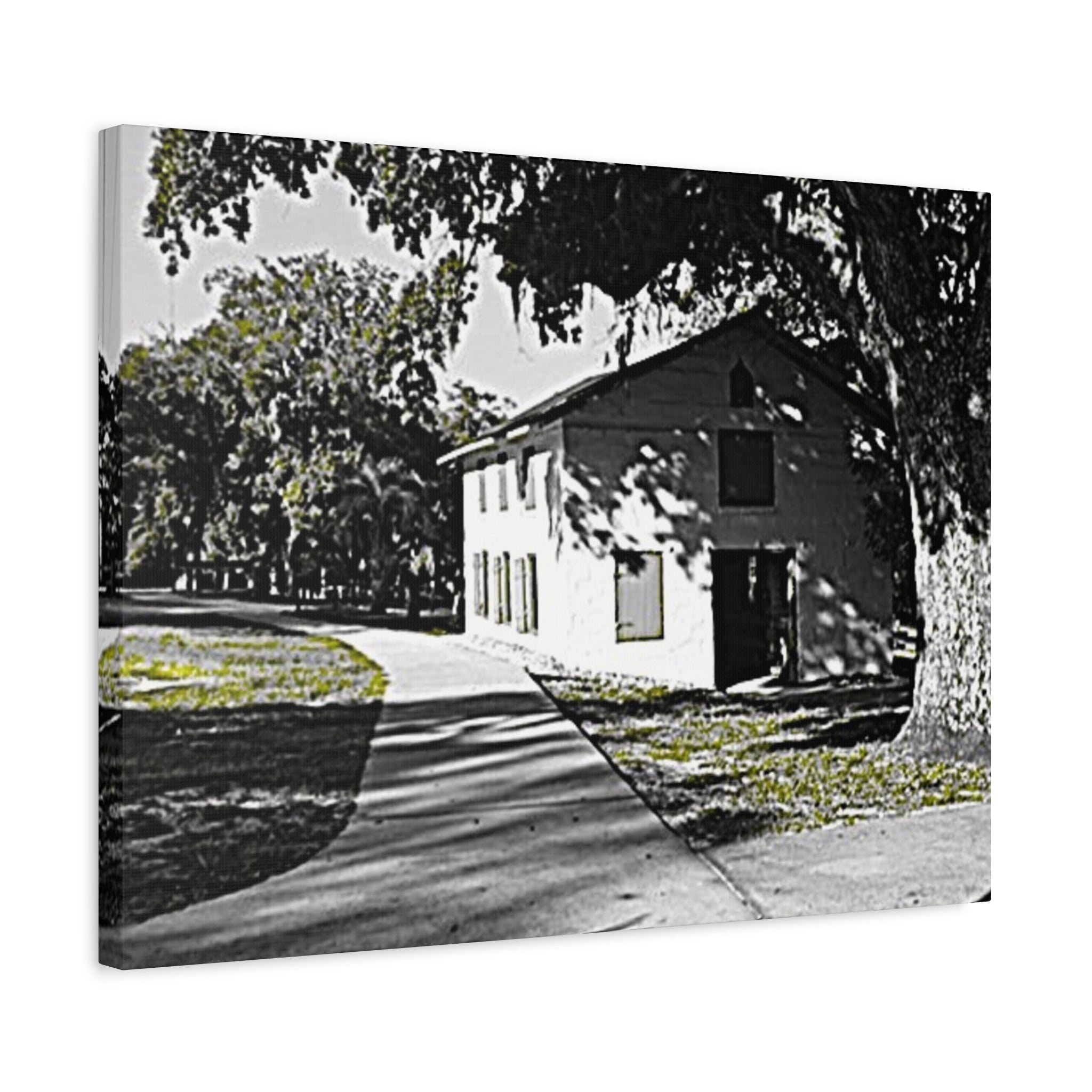 Vintage Campus House Matte Canvas Wall Art — Black & White Landscape Print