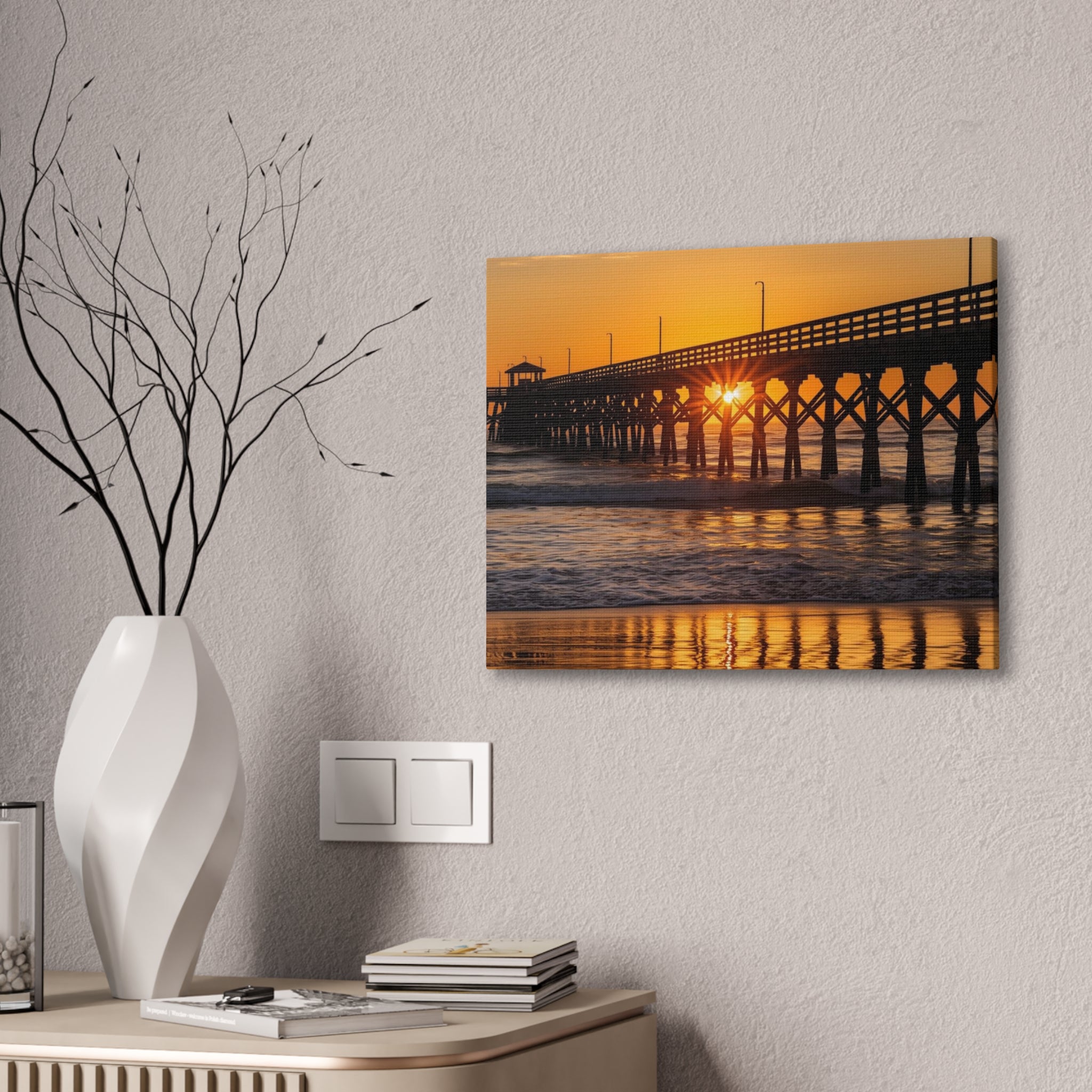Sunset Pier Canvas Wall Art — Golden Beach Photography on Stretched Canvas