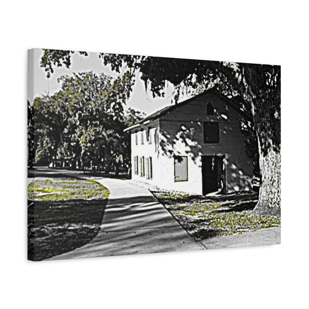 Vintage Campus House Matte Canvas Wall Art — Black & White Landscape Print