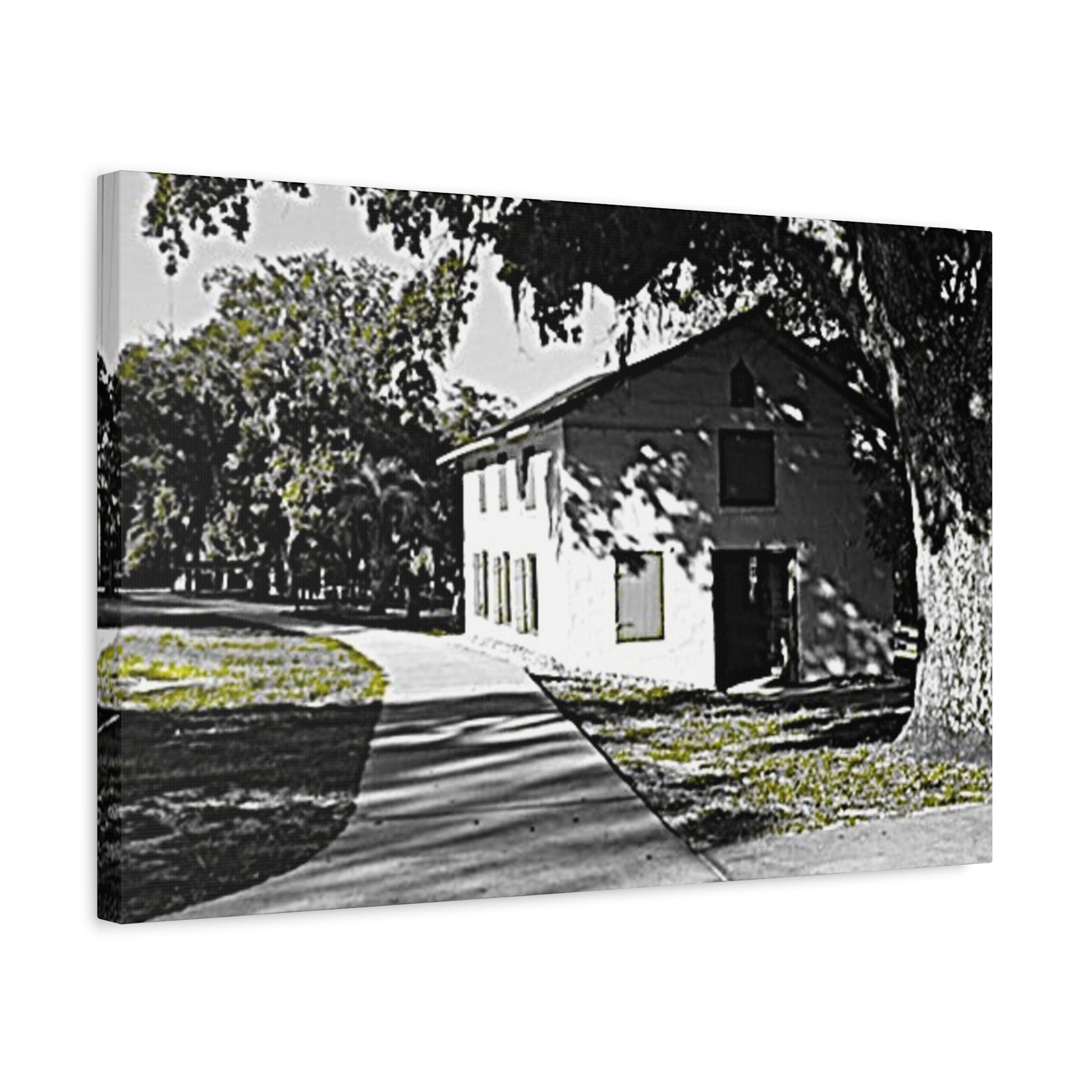 Vintage Campus House Matte Canvas Wall Art — Black & White Landscape Print