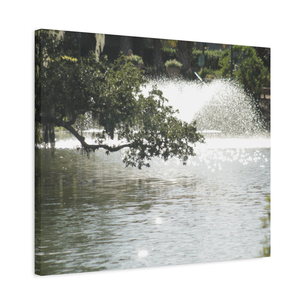 Lake Fountain Matte Canvas Print — Serene Water Garden Wall Art, Stretched 1.25"