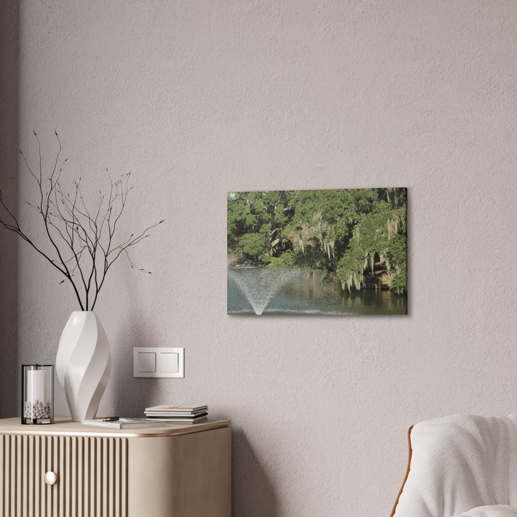 Lake Fountain Canvas Wall Art — Mossy Oak Trees & Fountain Stretched Canvas