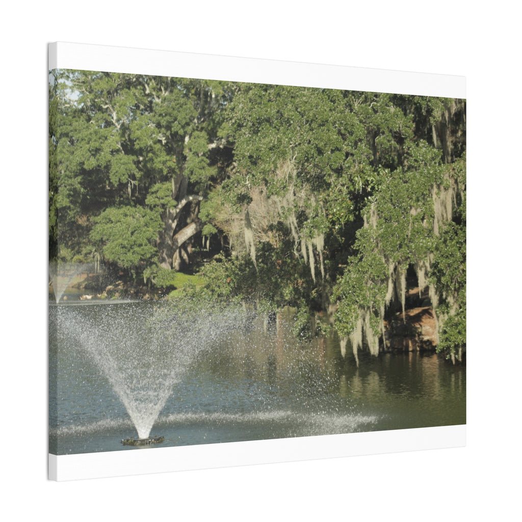 Lake Fountain Canvas Wall Art — Mossy Oak Trees & Fountain Stretched Canvas