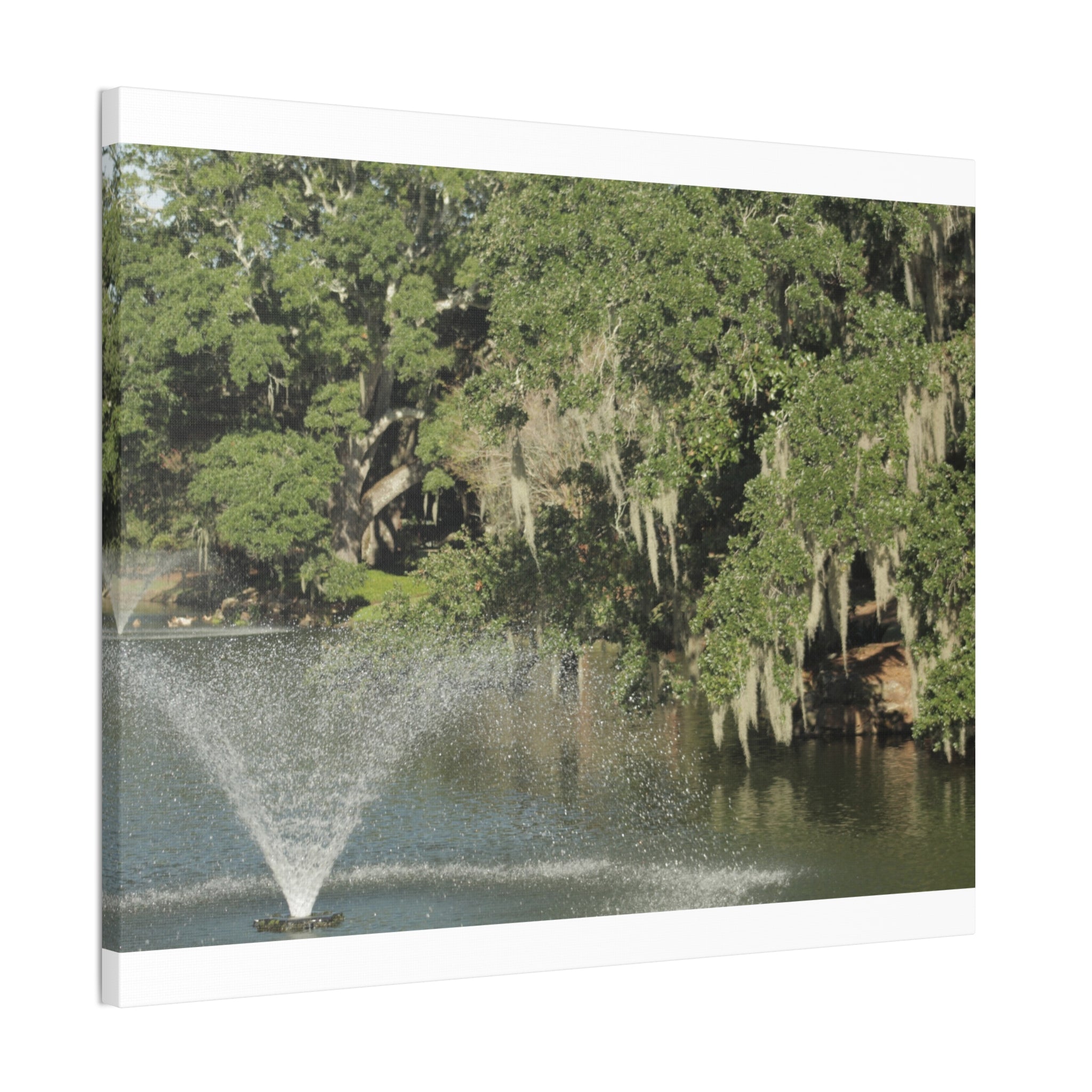 Lake Fountain Canvas Wall Art — Mossy Oak Trees & Fountain Stretched Canvas