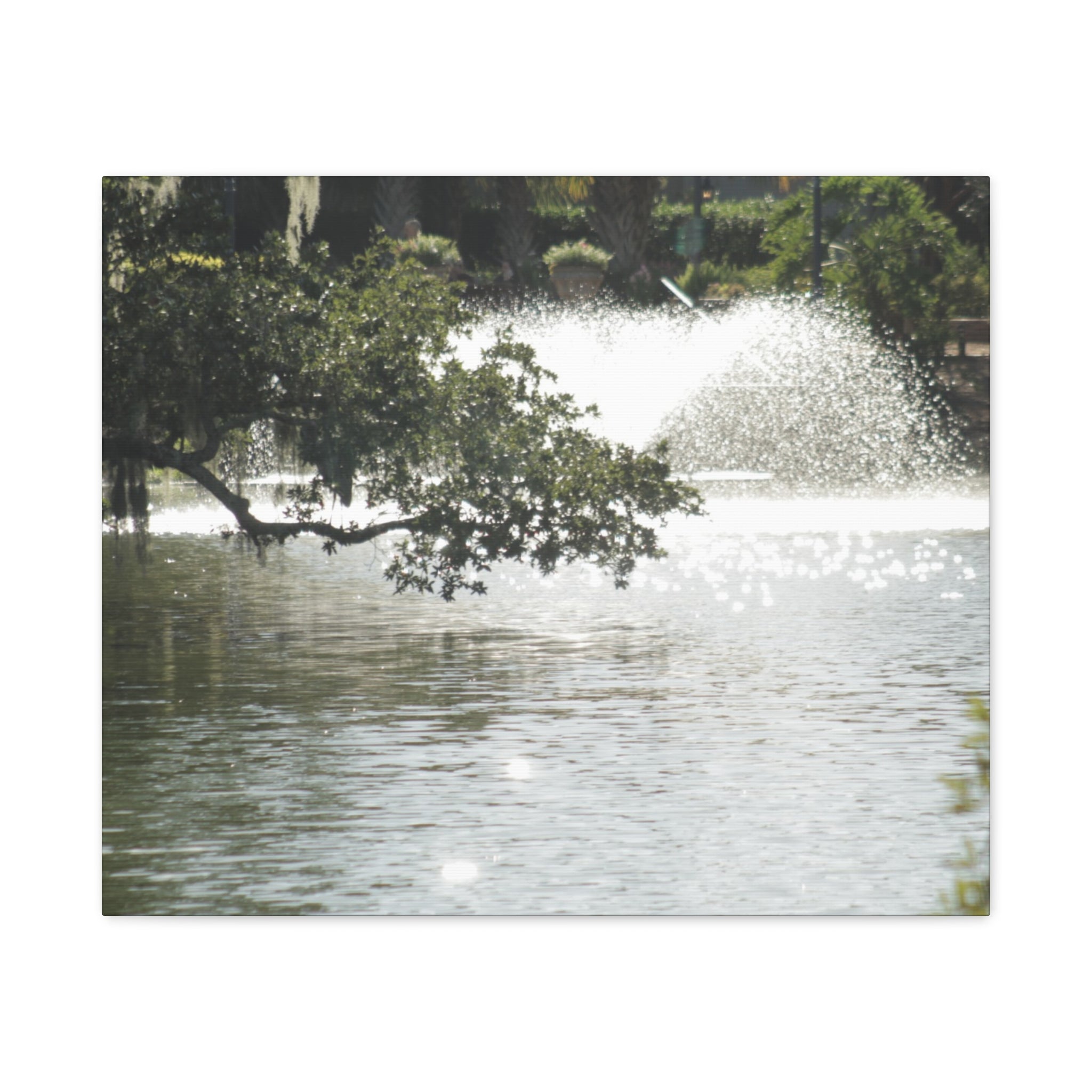 Lake Fountain Matte Canvas Print — Serene Water Garden Wall Art, Stretched 1.25"