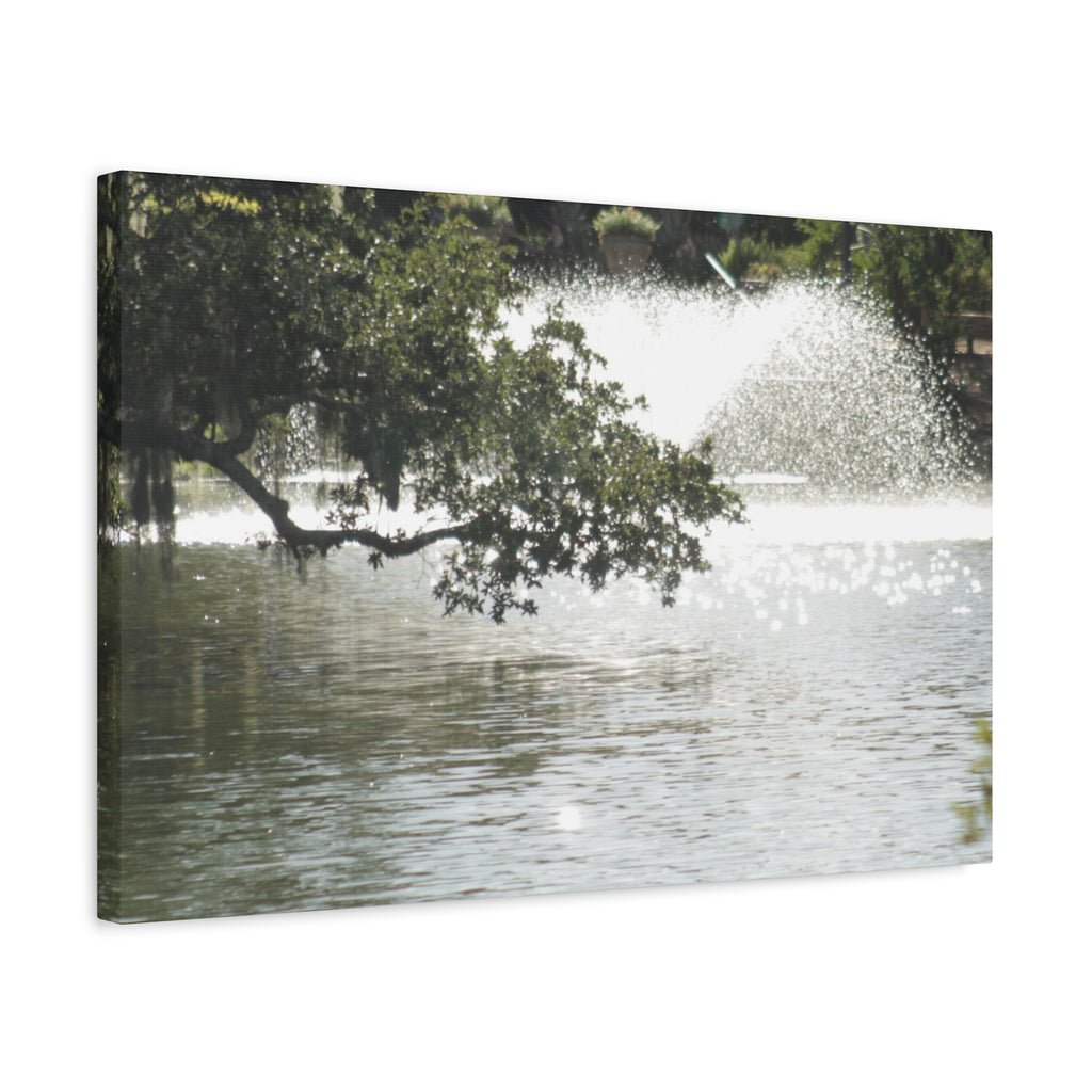 Lake Fountain Matte Canvas Print — Serene Water Garden Wall Art, Stretched 1.25"