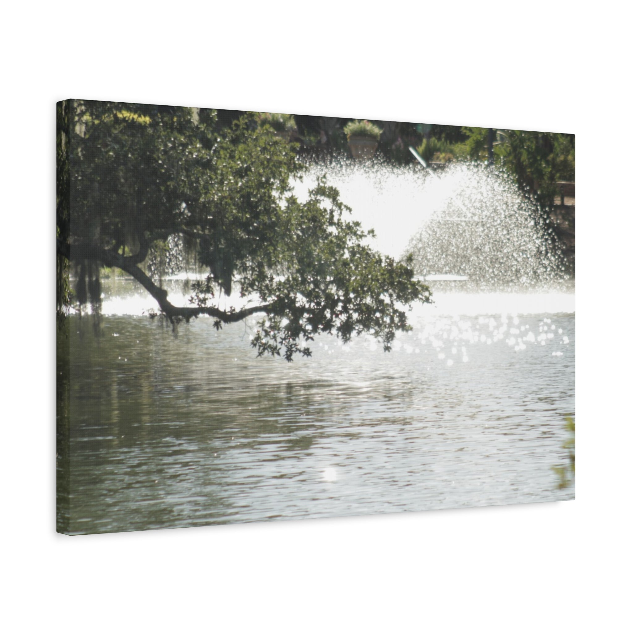 Lake Fountain Matte Canvas Print — Serene Water Garden Wall Art, Stretched 1.25"