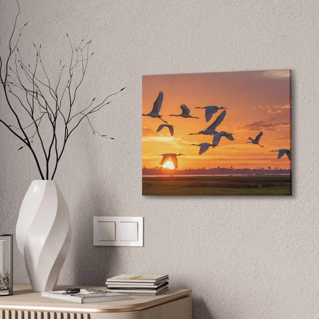 Sunset Flight Canvas Wall Art — Migrating Birds at Dusk