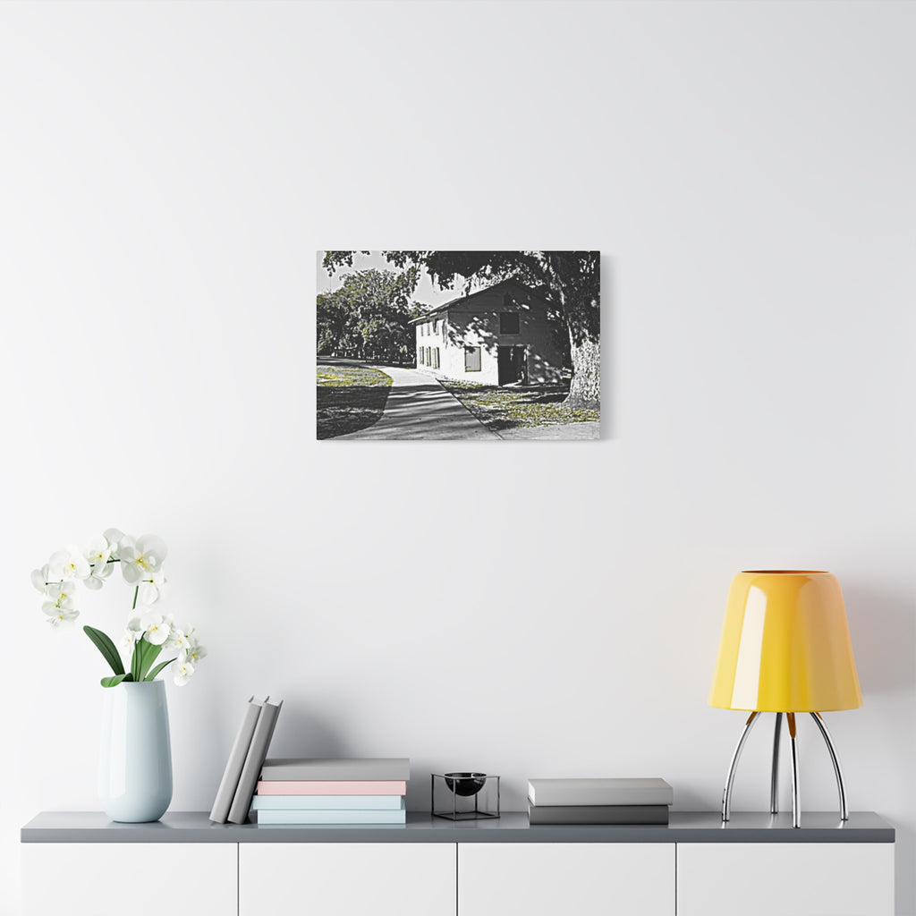 Vintage Campus House Matte Canvas Wall Art — Black & White Landscape Print