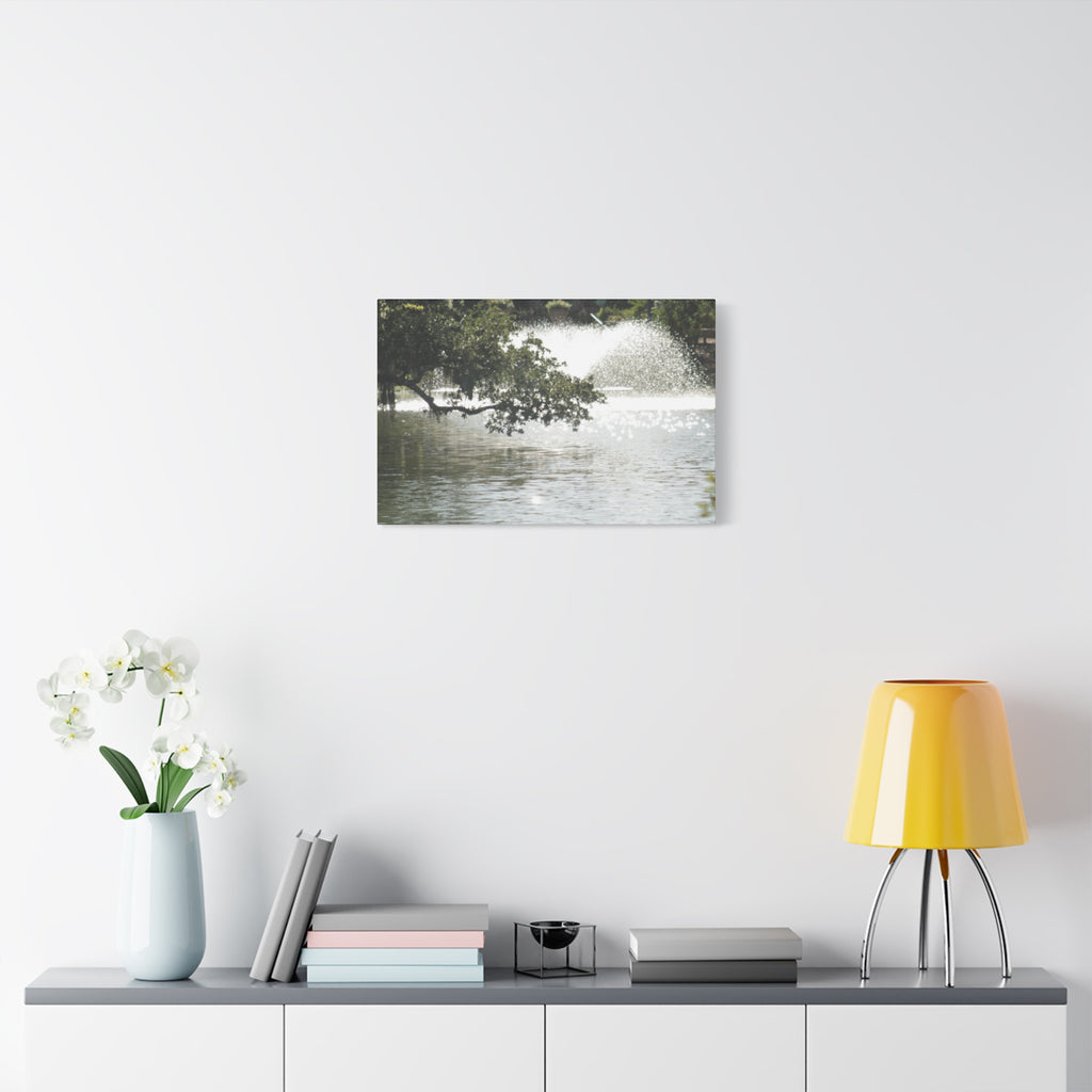 Lake Fountain Matte Canvas Print — Serene Water Garden Wall Art, Stretched 1.25"