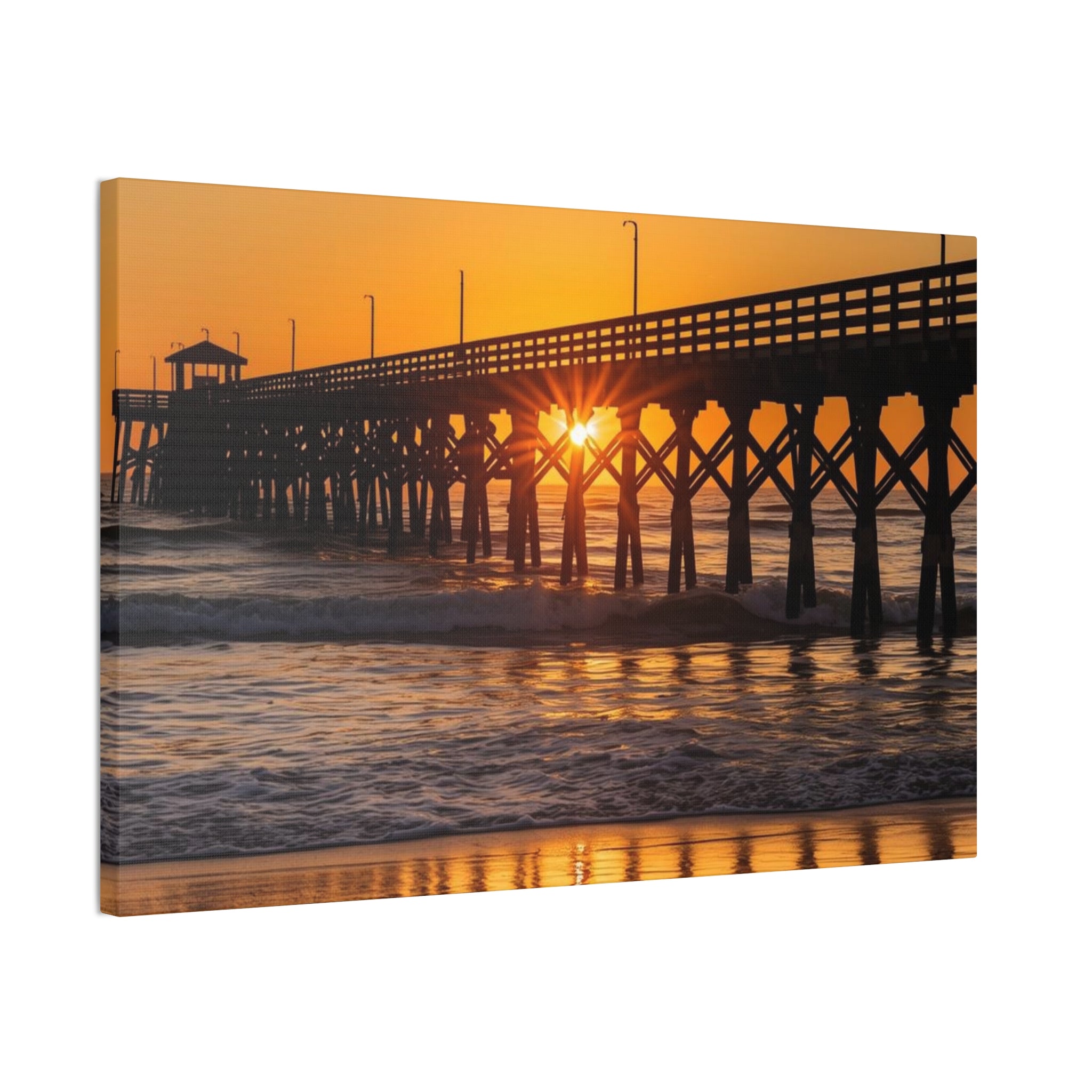 Sunset Pier Canvas Wall Art — Golden Beach Photography on Stretched Canvas