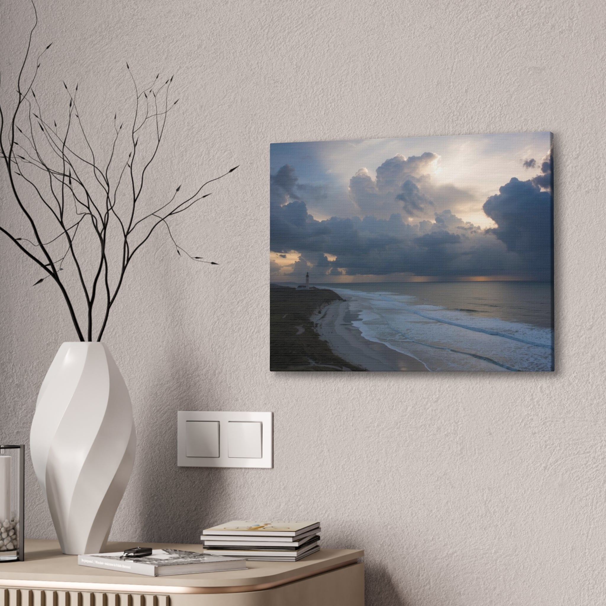 Coastal Storm Canvas Print — Dramatic Beach Lighthouse Wall Art