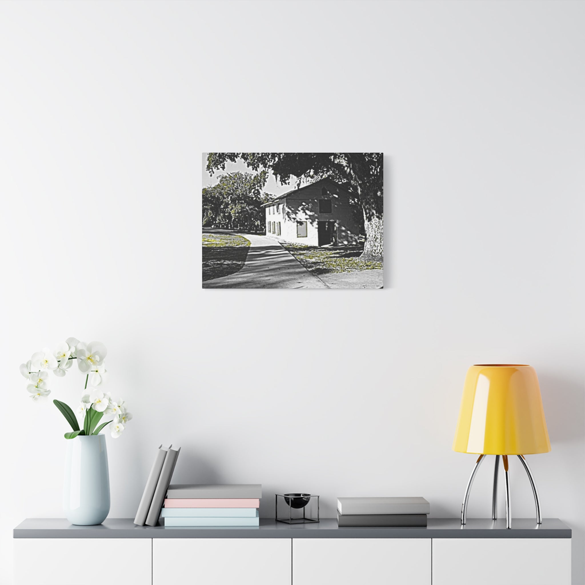 Vintage Campus House Matte Canvas Wall Art — Black & White Landscape Print