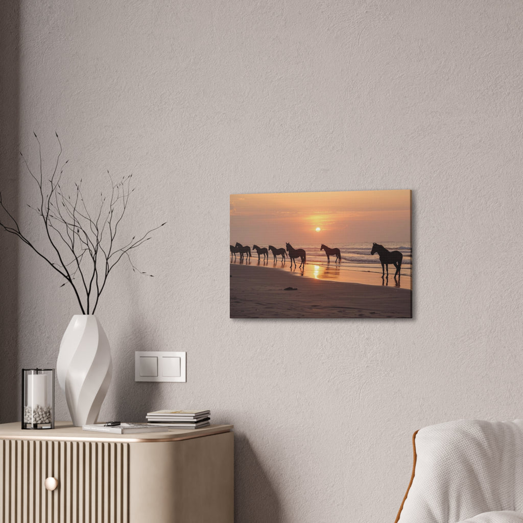 Wild Horses at Sunset Canvas Wall Art — Beach Sunrise Photography Print