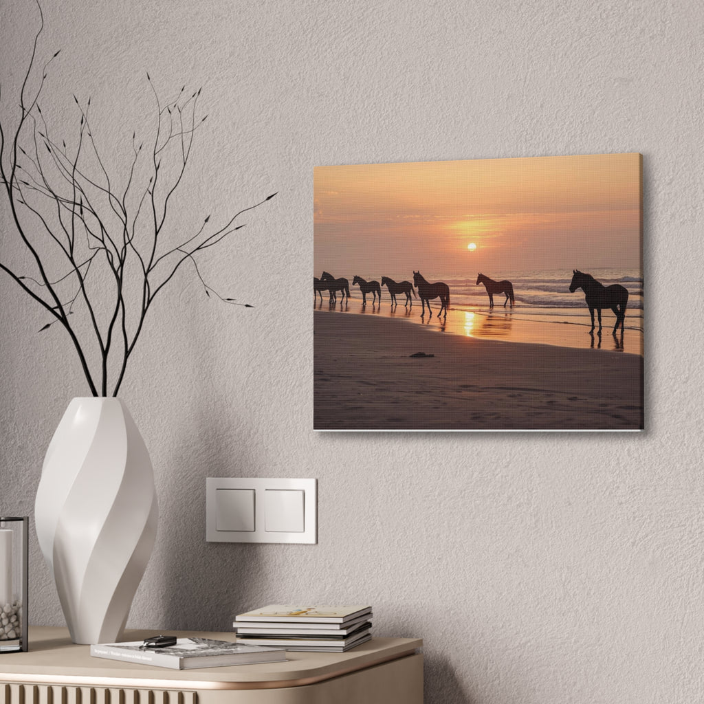 Wild Horses at Sunset Canvas Wall Art — Beach Sunrise Photography Print