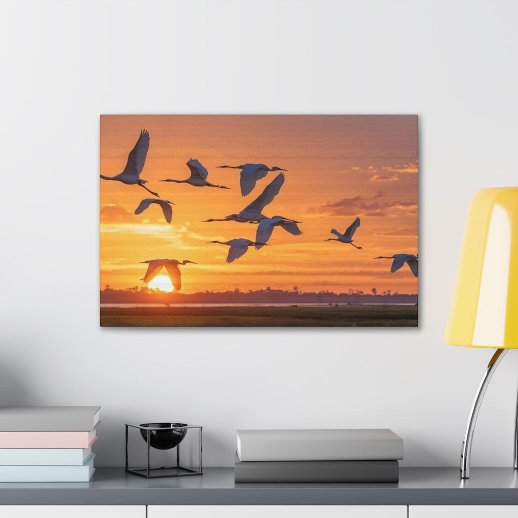 Sunset Flight Canvas Wall Art — Migrating Birds at Dusk