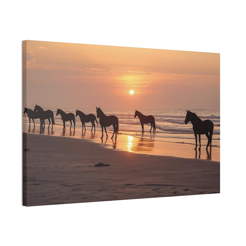 Wild Horses at Sunset Canvas Wall Art — Beach Sunrise Photography Print