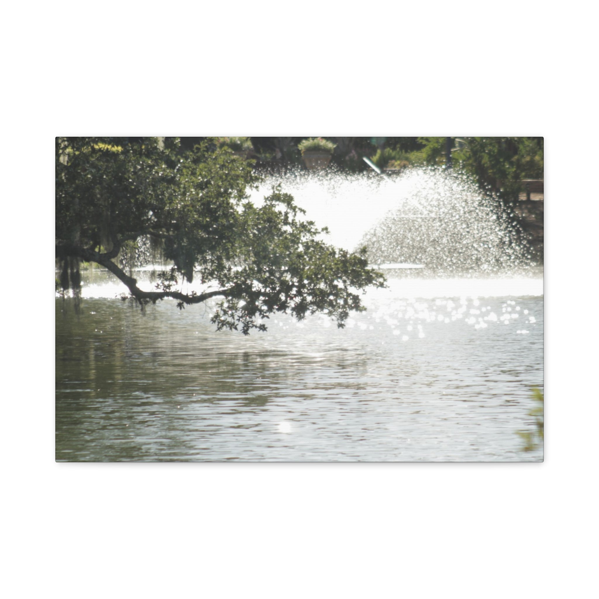 Lake Fountain Matte Canvas Print — Serene Water Garden Wall Art, Stretched 1.25"