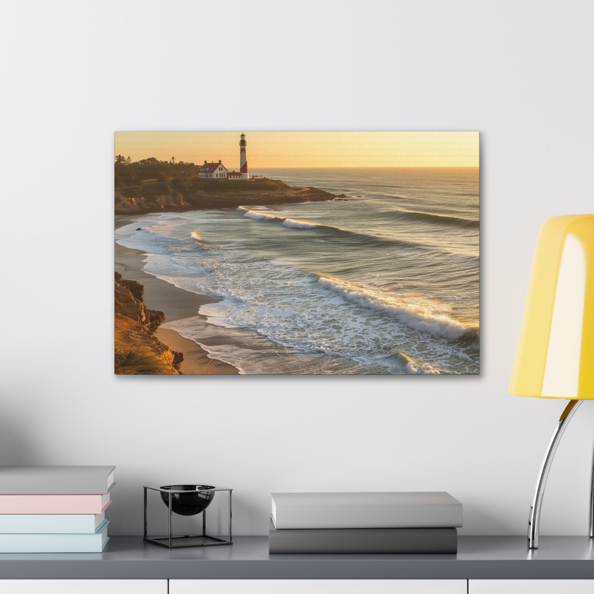 Coastal Lighthouse Sunrise Canvas Wall Art — Ocean Waves Seascape Print