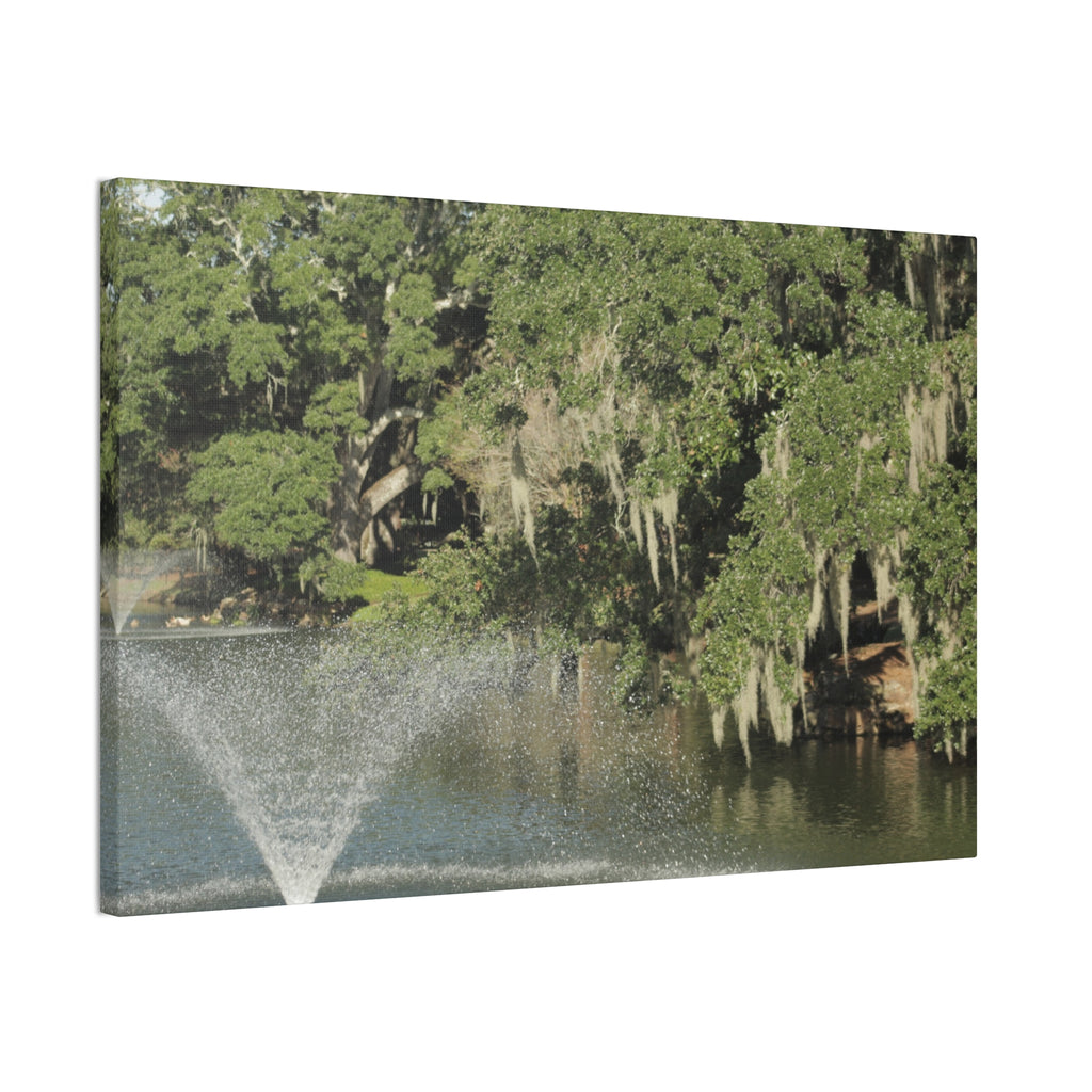 Lake Fountain Canvas Wall Art — Mossy Oak Trees & Fountain Stretched Canvas