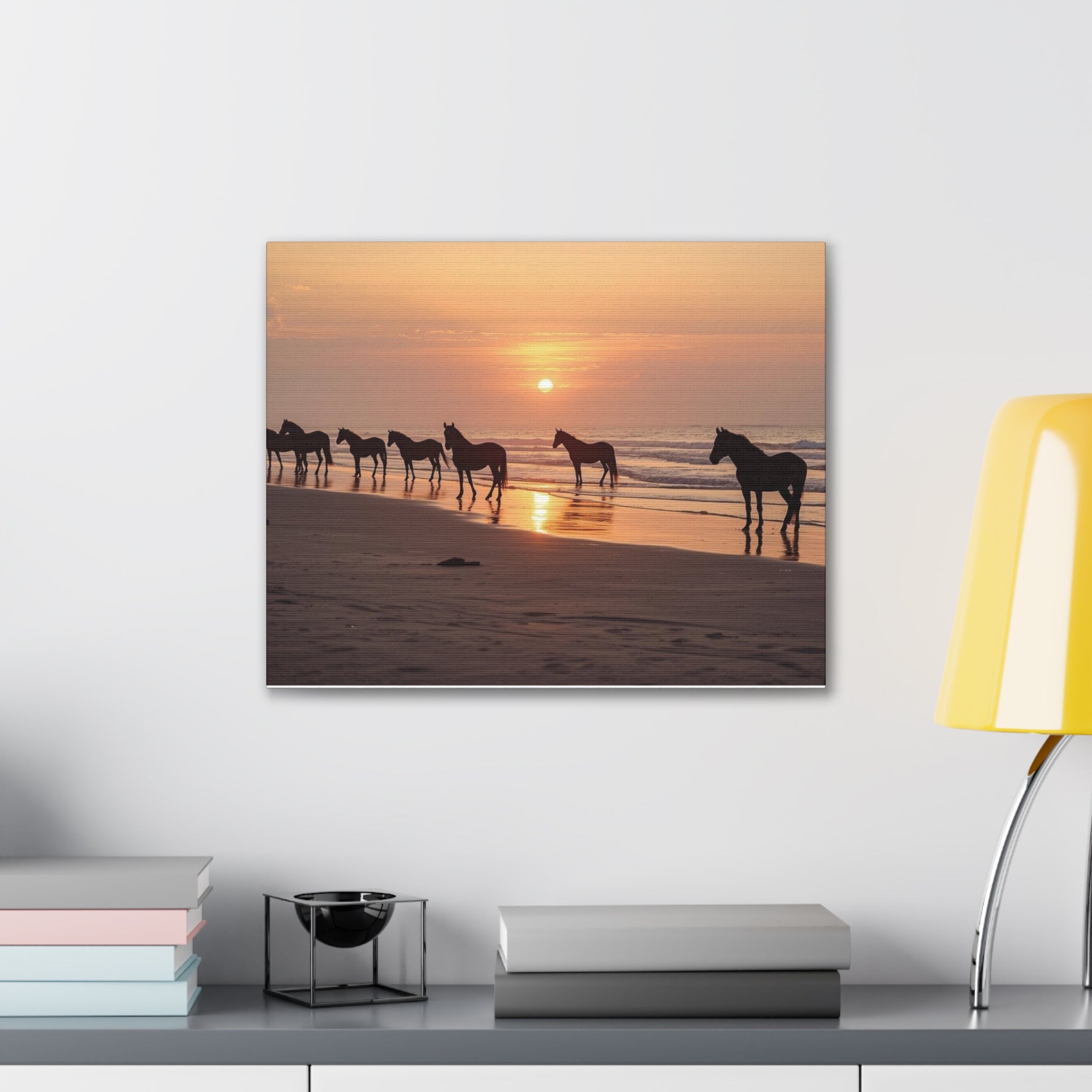 Wild Horses at Sunset Canvas Wall Art — Beach Sunrise Photography Print