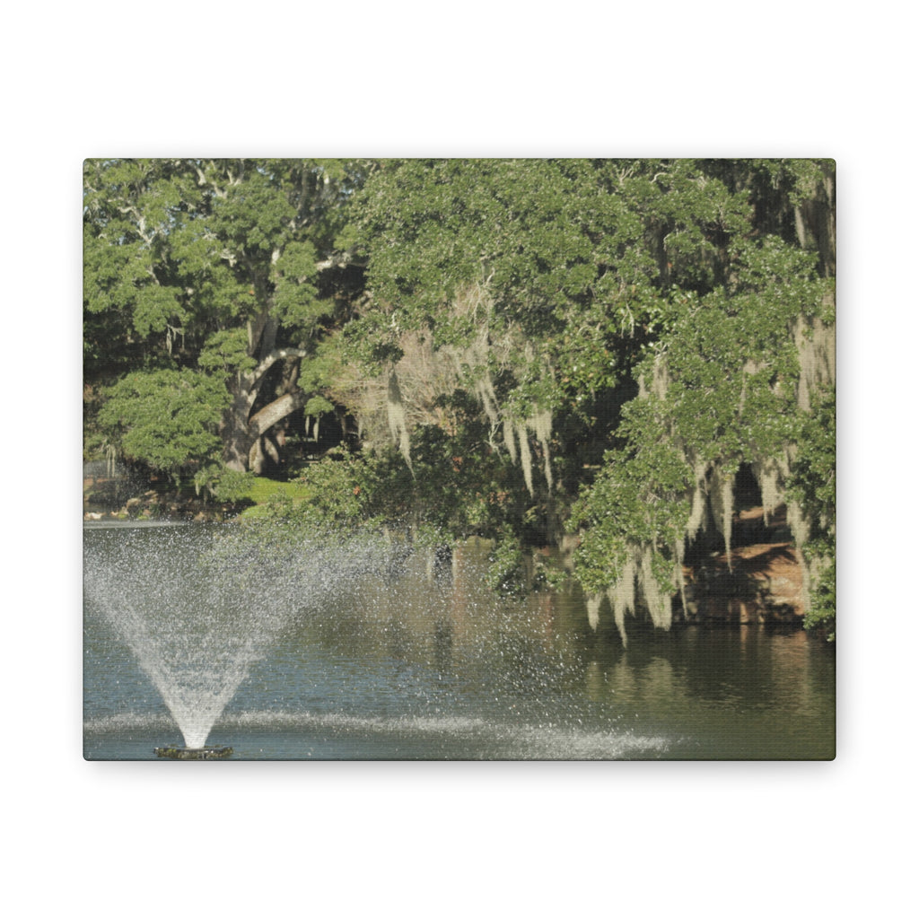 Lake Fountain Canvas Wall Art — Mossy Oak Trees & Fountain Stretched Canvas