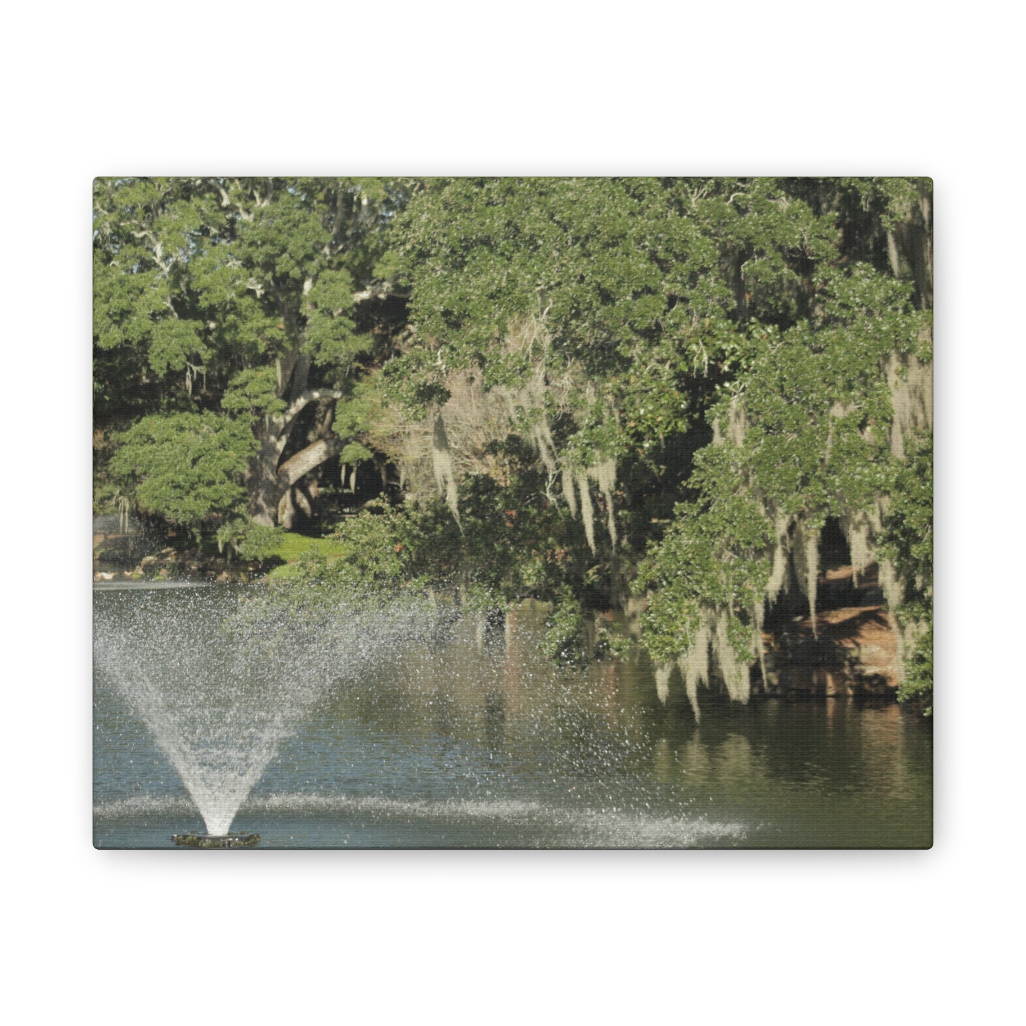 Lake Fountain Canvas Wall Art — Mossy Oak Trees & Fountain Stretched Canvas