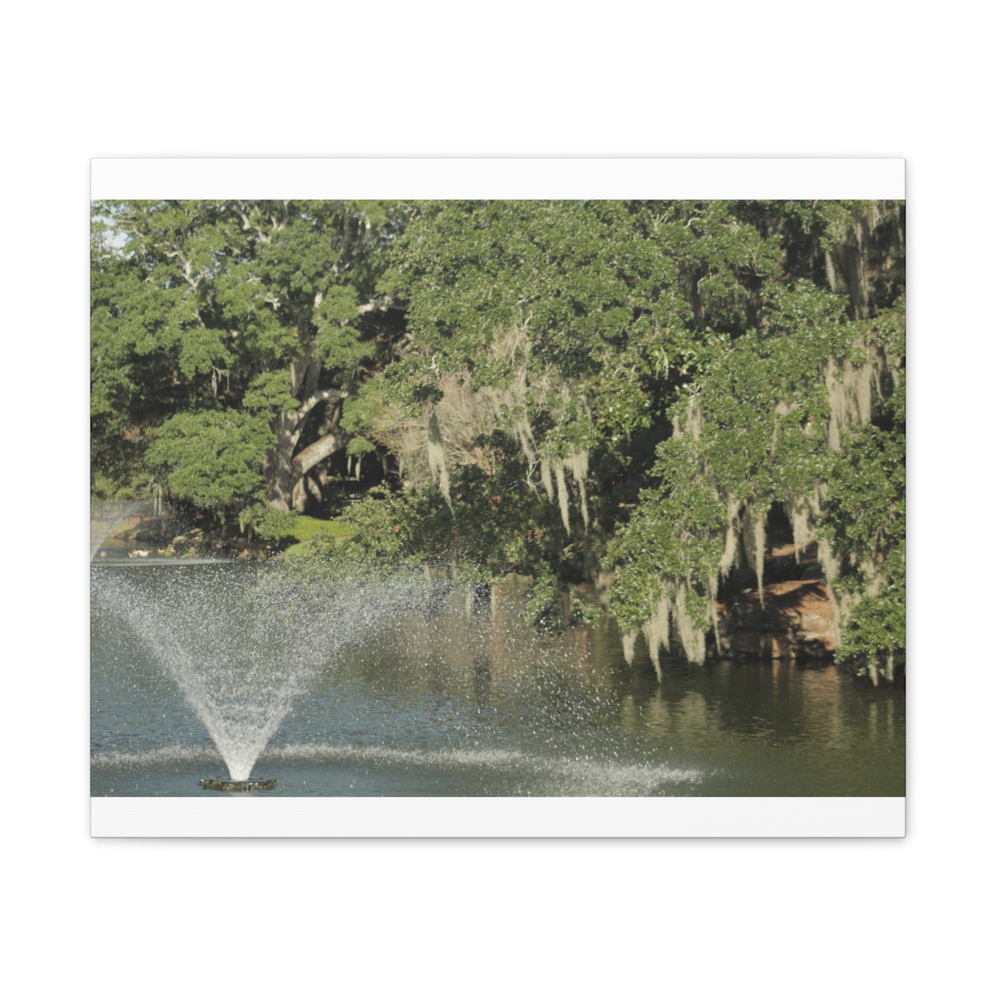 Lake Fountain Canvas Wall Art — Mossy Oak Trees & Fountain Stretched Canvas