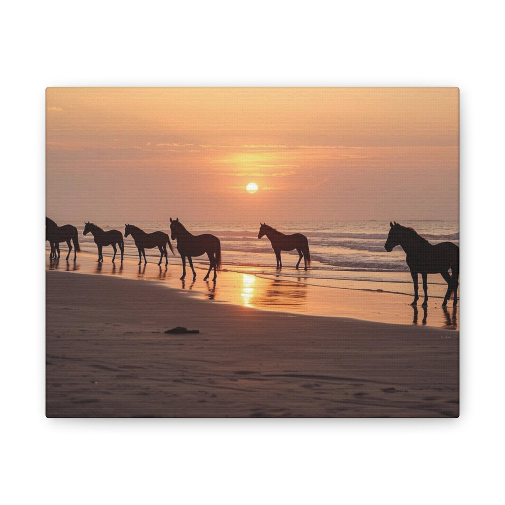 Wild Horses at Sunset Canvas Wall Art — Beach Sunrise Photography Print