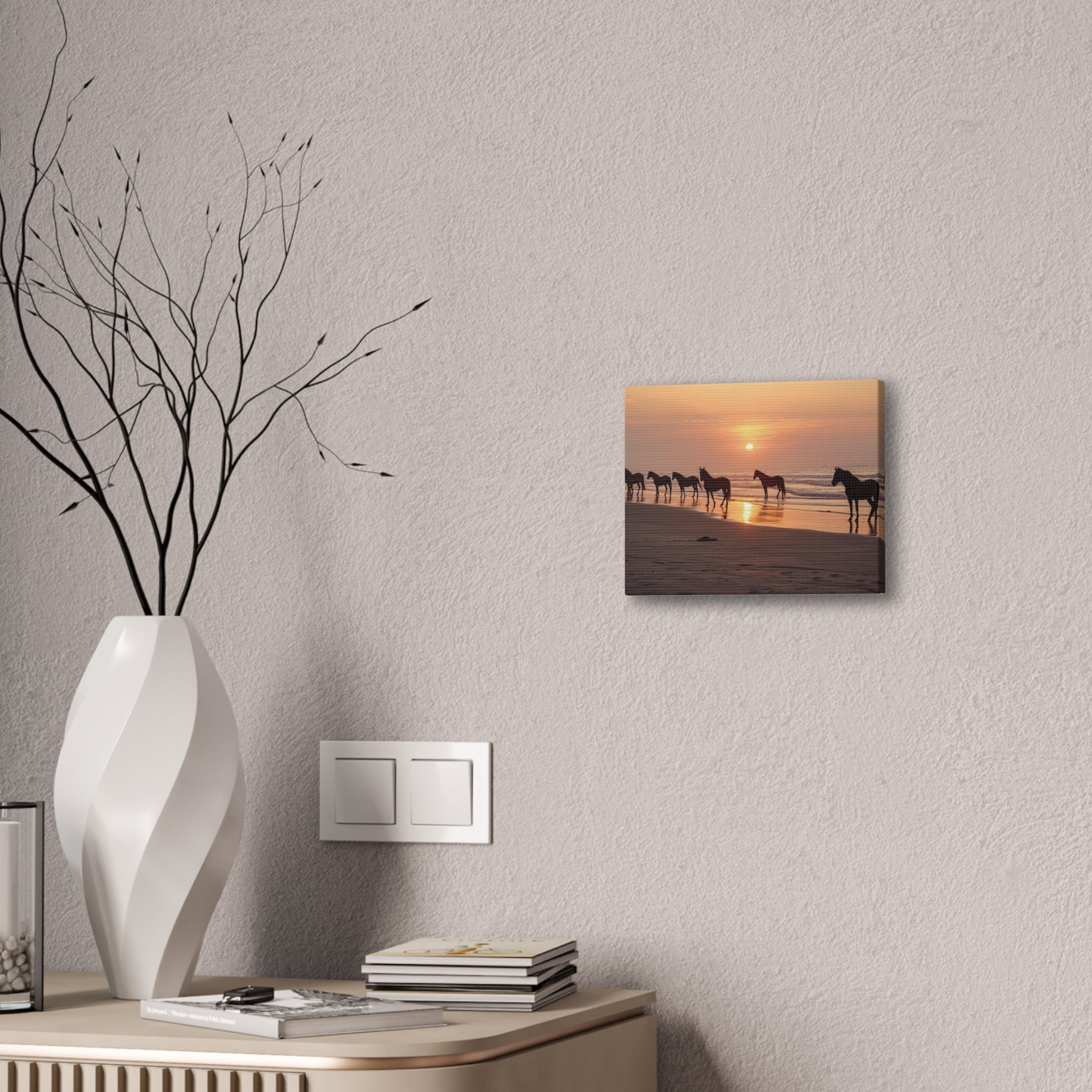 Wild Horses at Sunset Canvas Wall Art — Beach Sunrise Photography Print