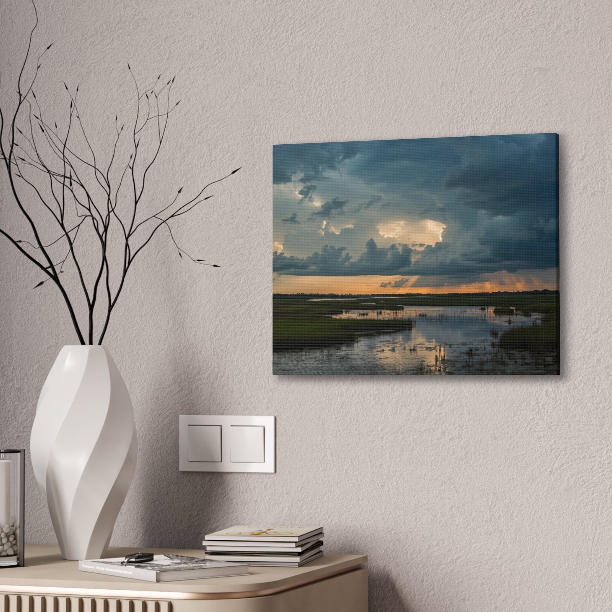 Stormy Marshland Sunset Canvas