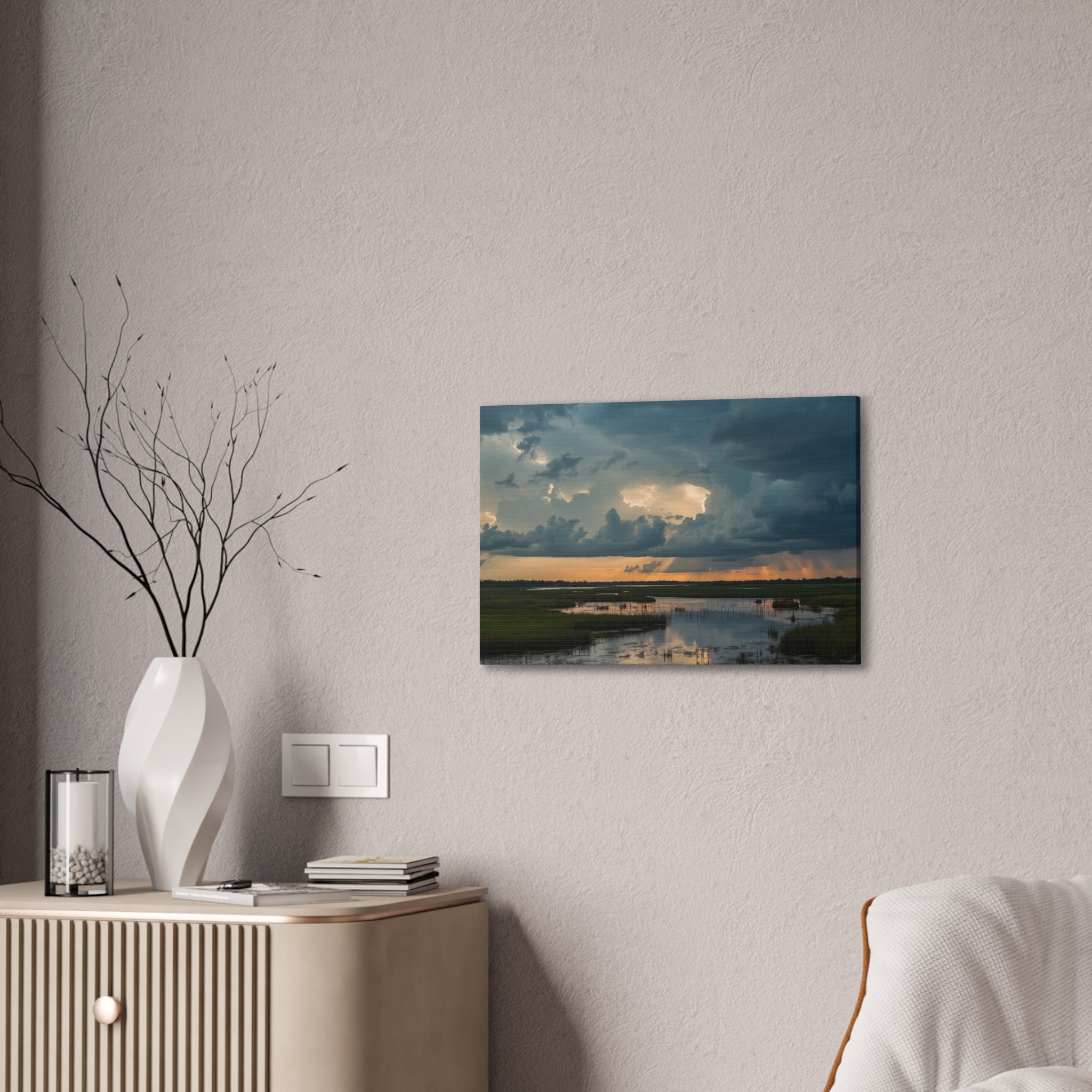 Stormy Marshland Sunset Canvas