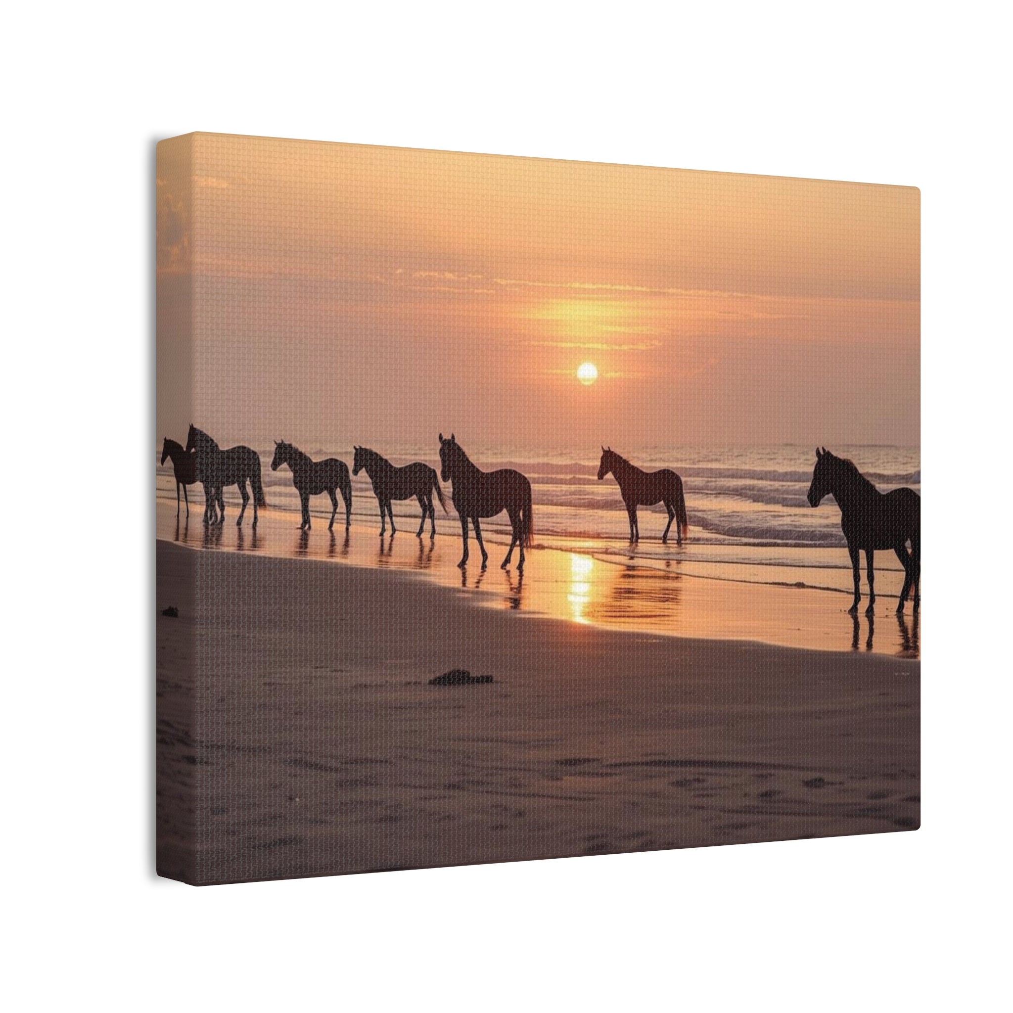 Wild Horses at Sunset Canvas Wall Art — Beach Sunrise Photography Print